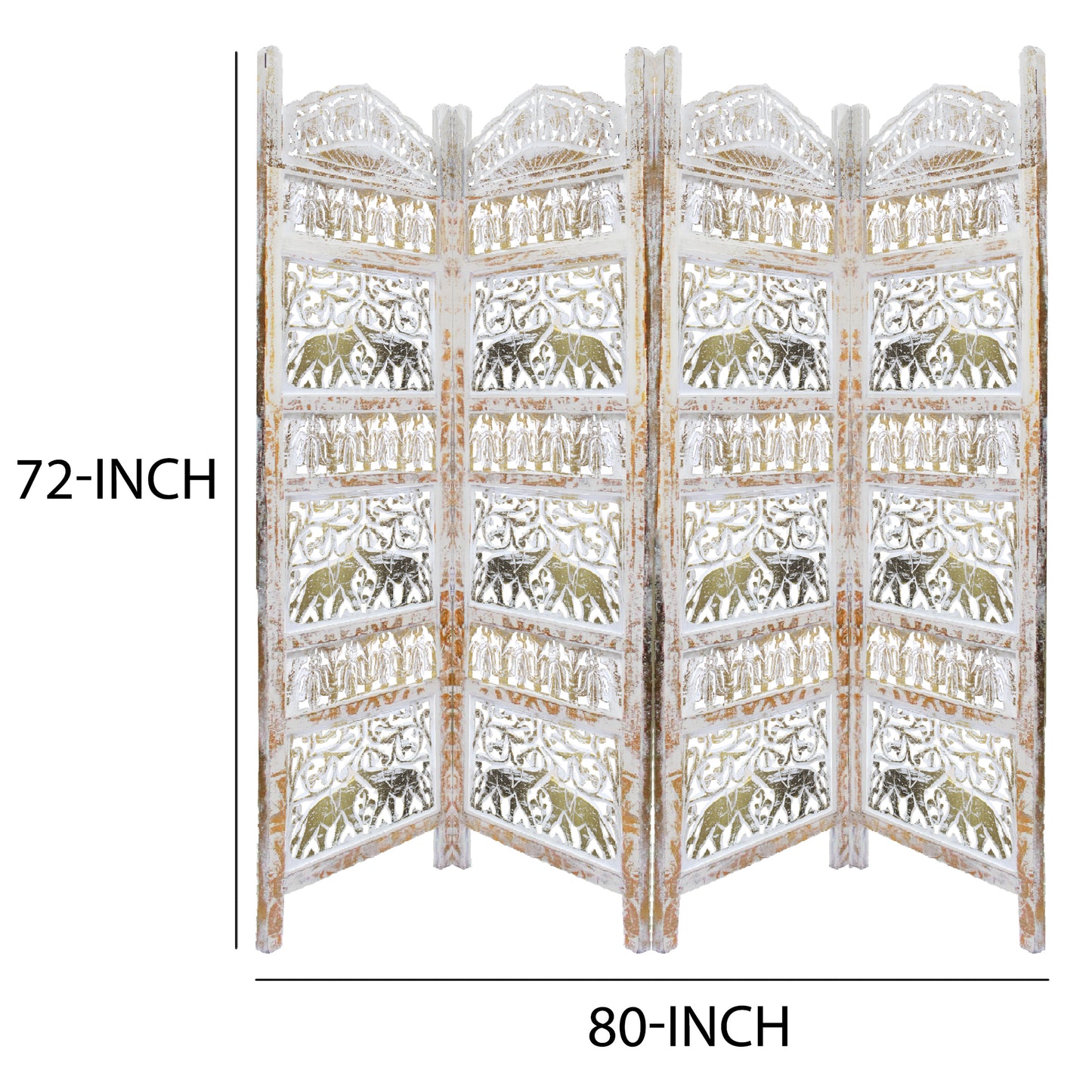 Classic 4 Panel Mango Wood Room Divider with Elephant Carvings, Gold and White