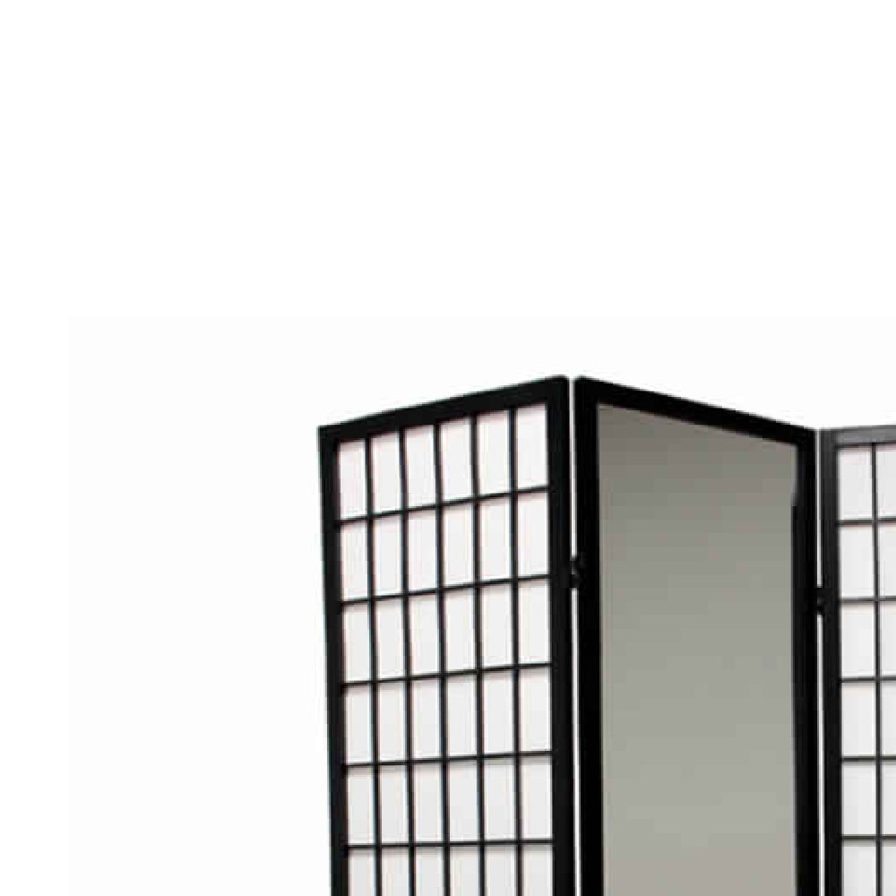 Wooden Grid Frame 3 Panel Room Divider with Mirror, Black and White