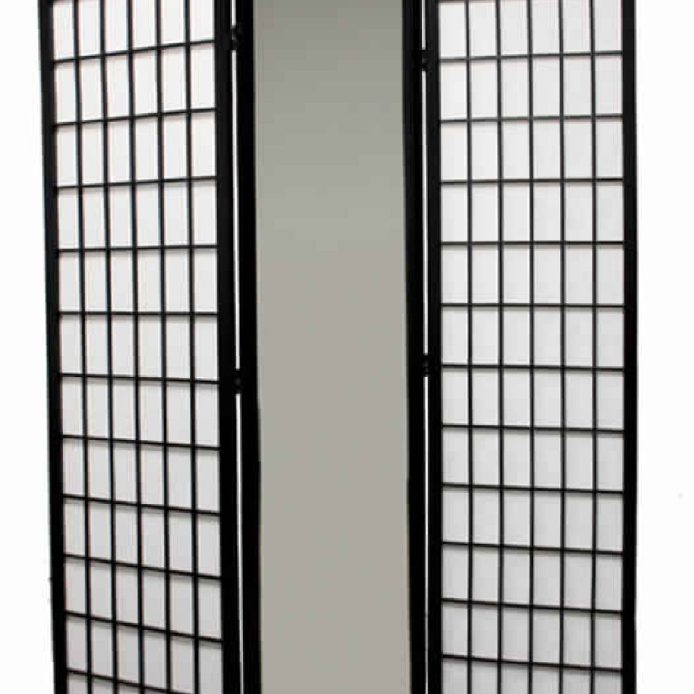 Wooden Grid Frame 3 Panel Room Divider with Mirror, Black and White