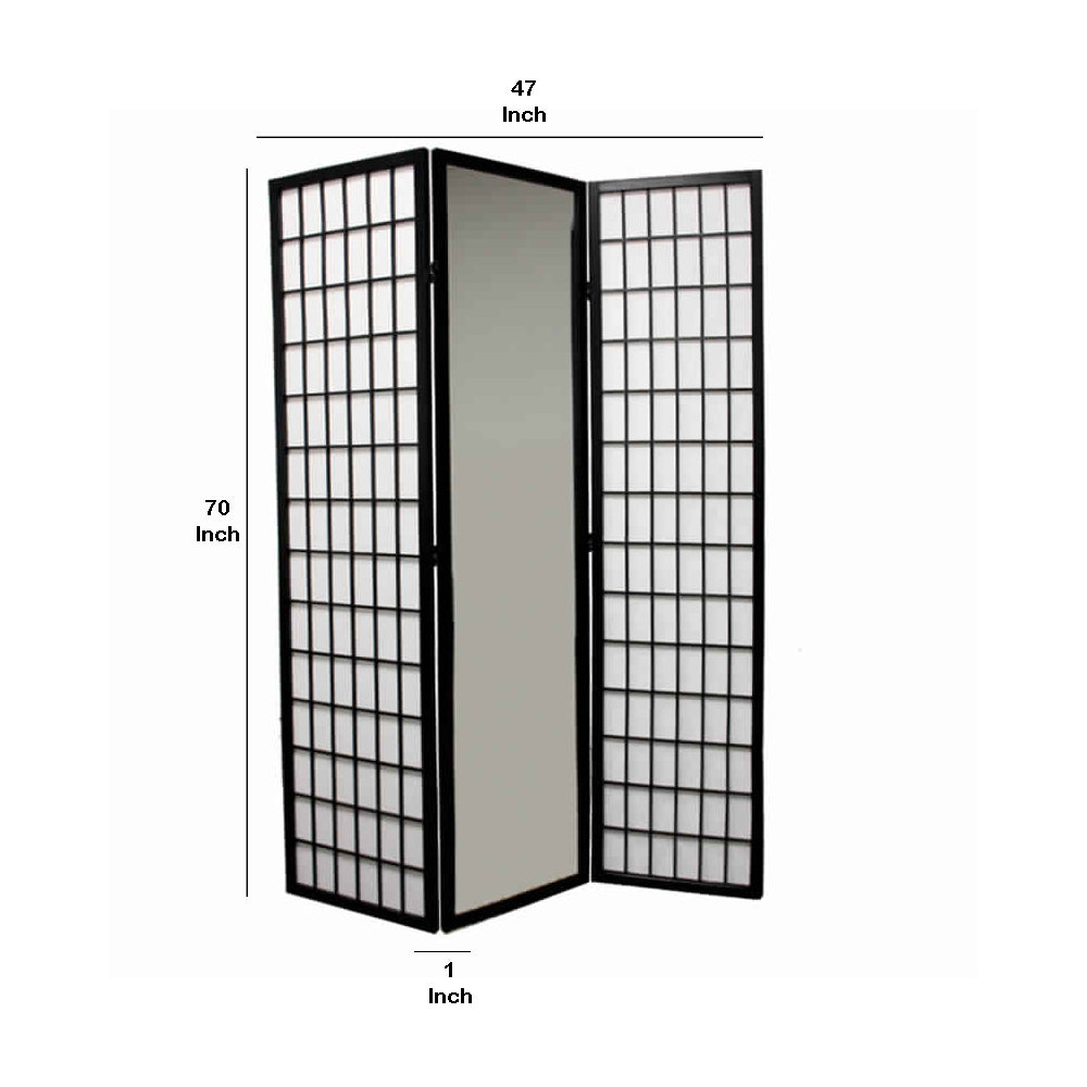 Wooden Grid Frame 3 Panel Room Divider with Mirror, Black and White