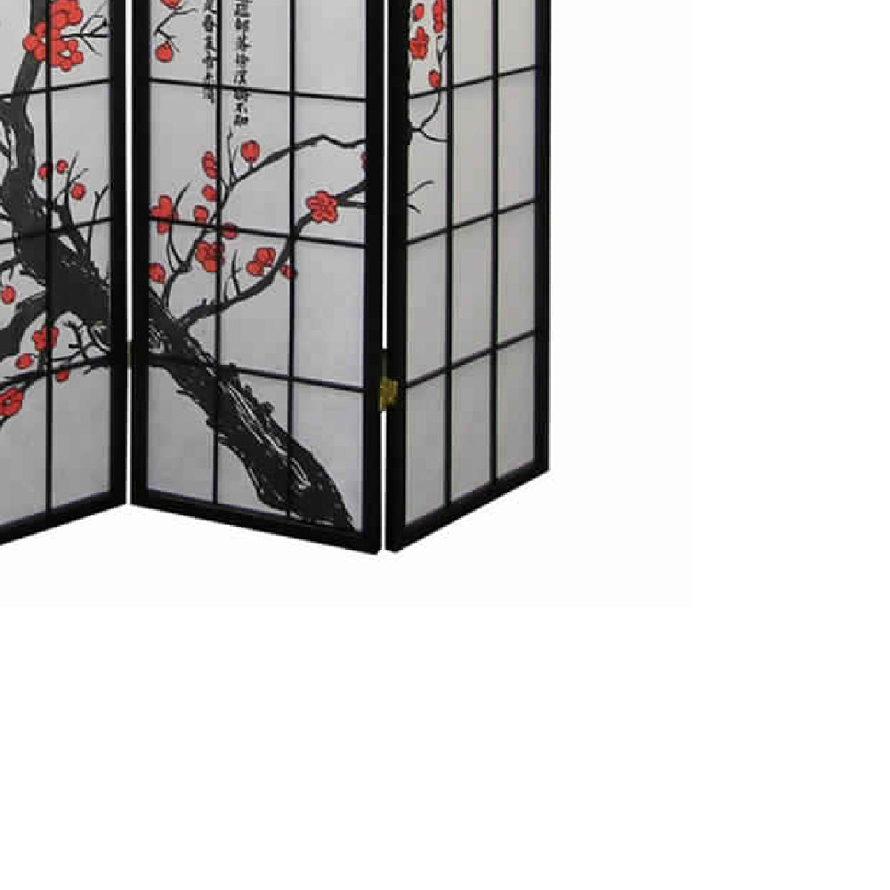 Plum Blossom Print Wood and Paper 4 Panel Room Divider, Red and Black