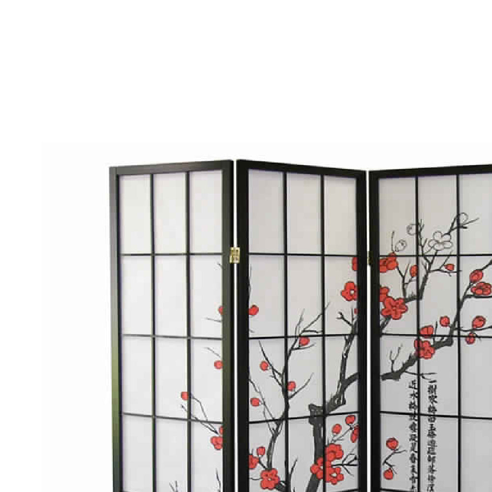 Plum Blossom Print Wood and Paper 4 Panel Room Divider, Red and Black