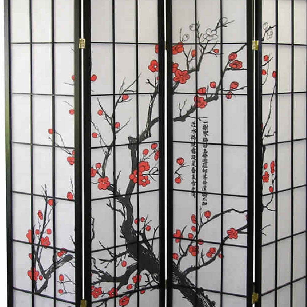Plum Blossom Print Wood and Paper 4 Panel Room Divider, Red and Black