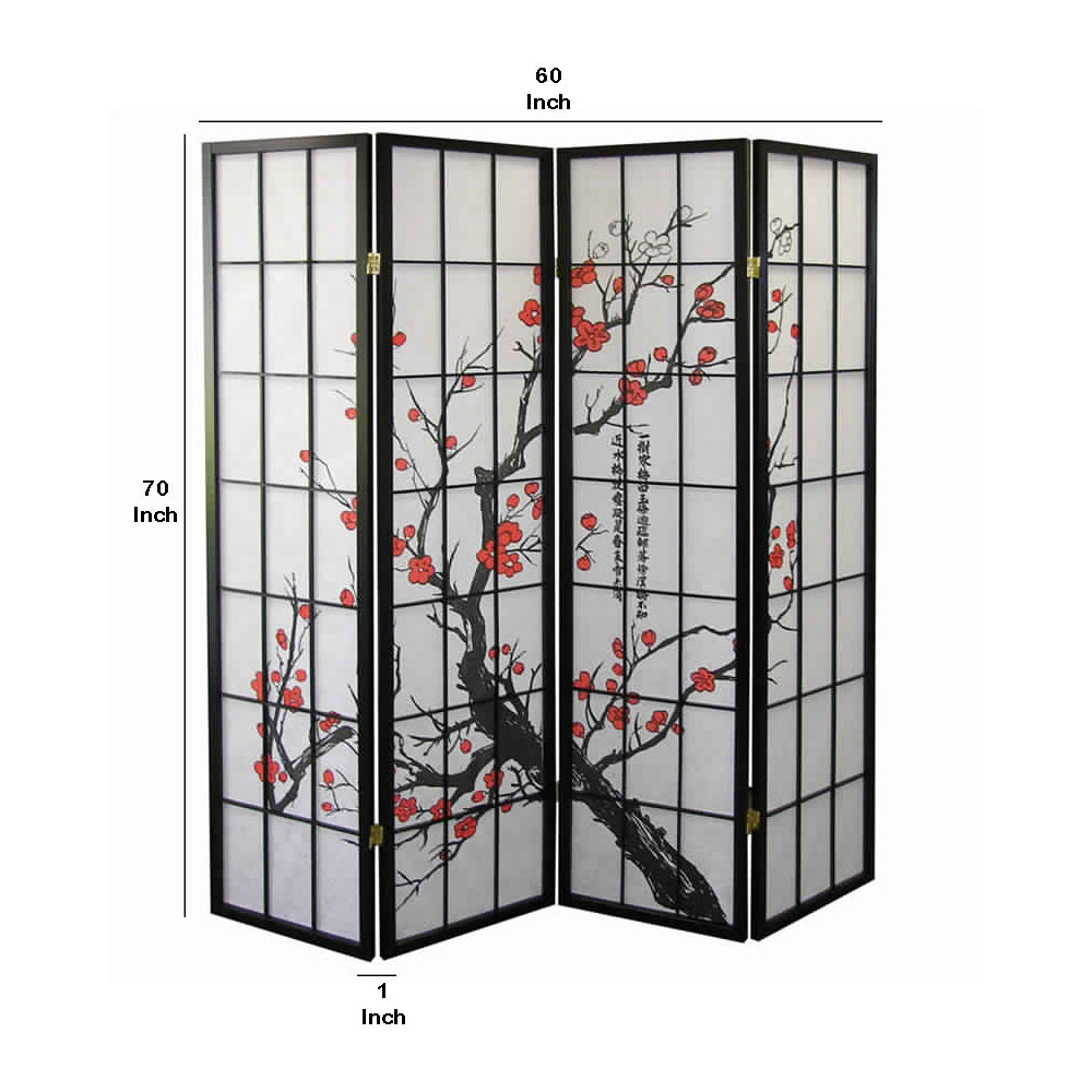 Plum Blossom Print Wood and Paper 4 Panel Room Divider, Red and Black