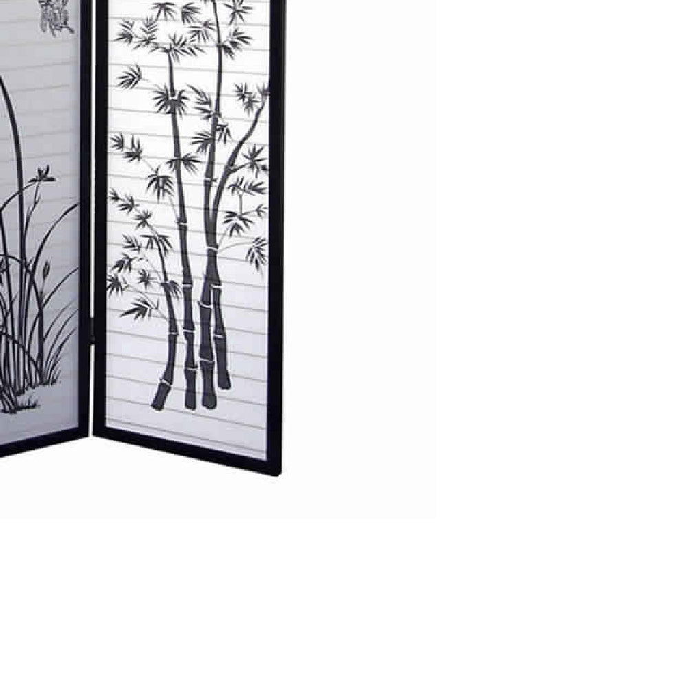 Naturistic Print Wood and Paper 3 Panel Room Divider, White and Black