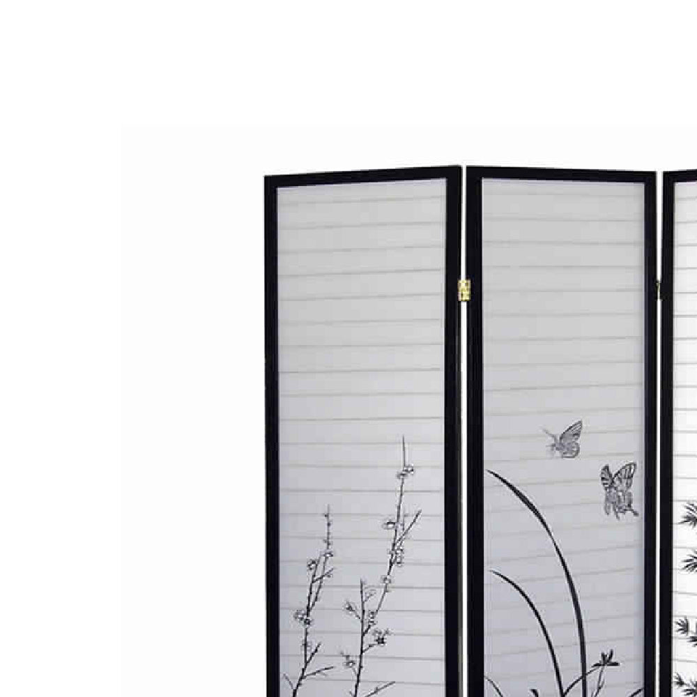 Naturistic Print Wood and Paper 3 Panel Room Divider, White and Black