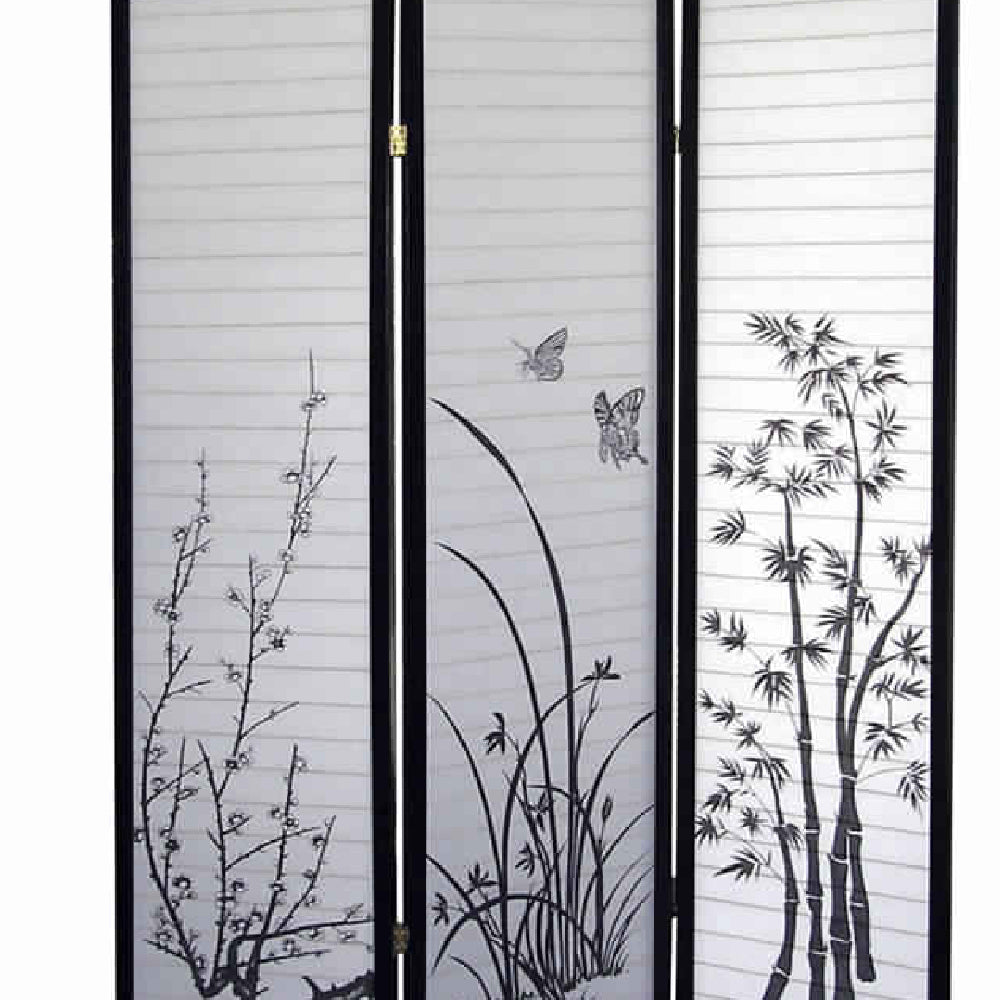 Naturistic Print Wood and Paper 3 Panel Room Divider, White and Black