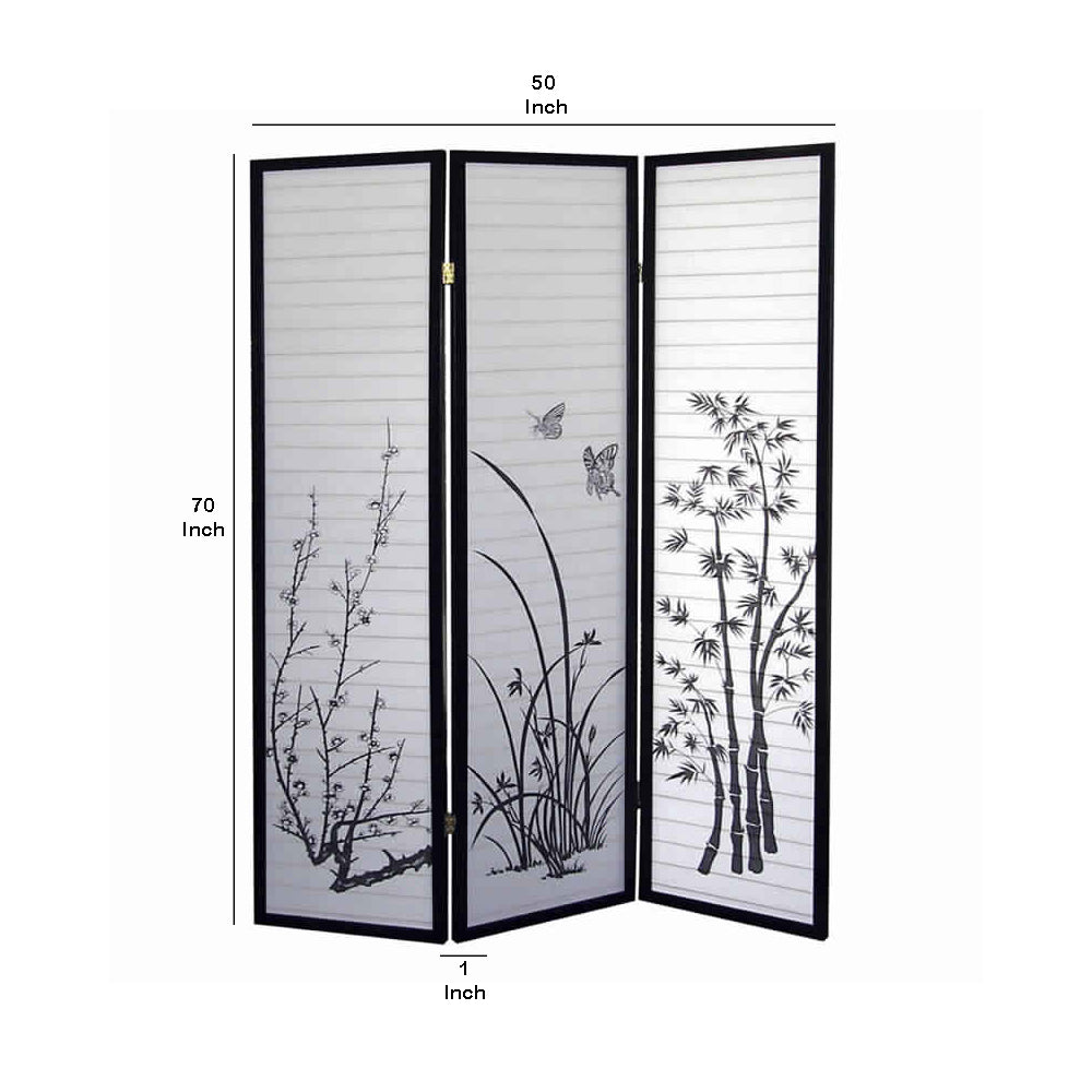 Naturistic Print Wood and Paper 3 Panel Room Divider, White and Black