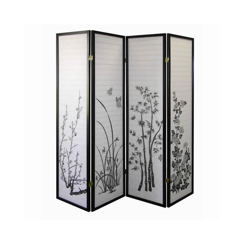 Naturistic Print Wood and Paper 4 Panel Room Divider, White and Black