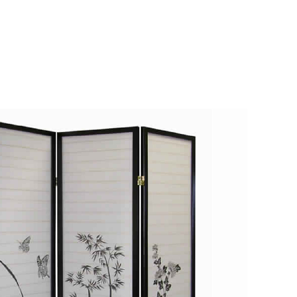 Naturistic Print Wood and Paper 4 Panel Room Divider, White and Black