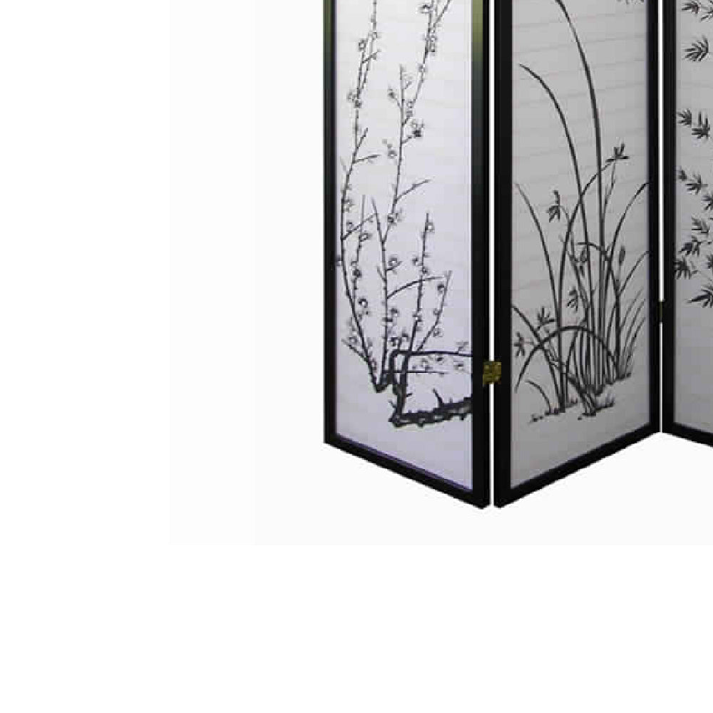 Naturistic Print Wood and Paper 4 Panel Room Divider, White and Black