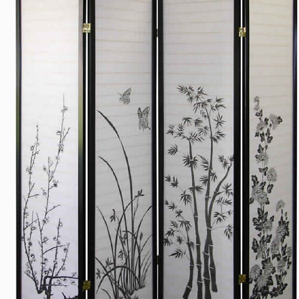 Naturistic Print Wood and Paper 4 Panel Room Divider, White and Black