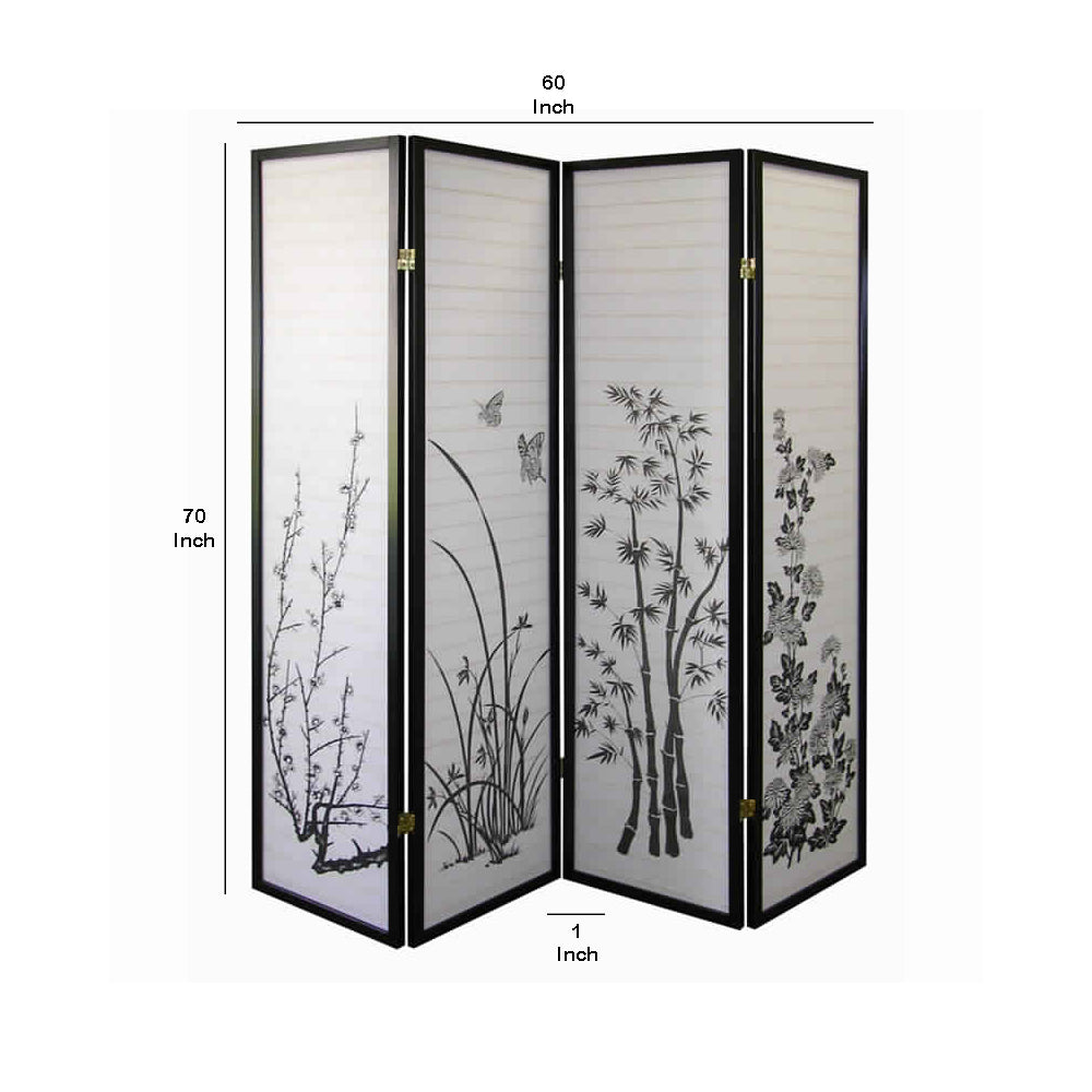 Naturistic Print Wood and Paper 4 Panel Room Divider, White and Black