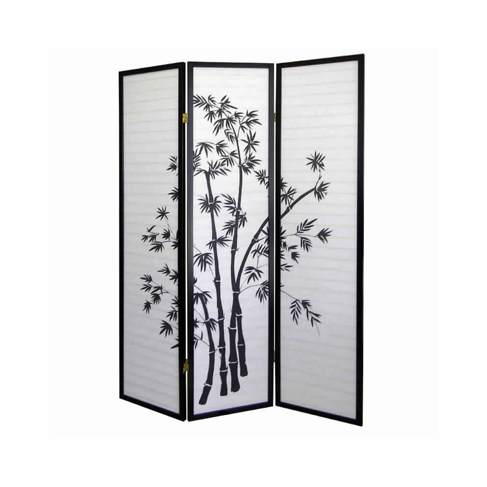 Wood and Paper 3 Panel Room Divider with Bamboo Print, White and Black