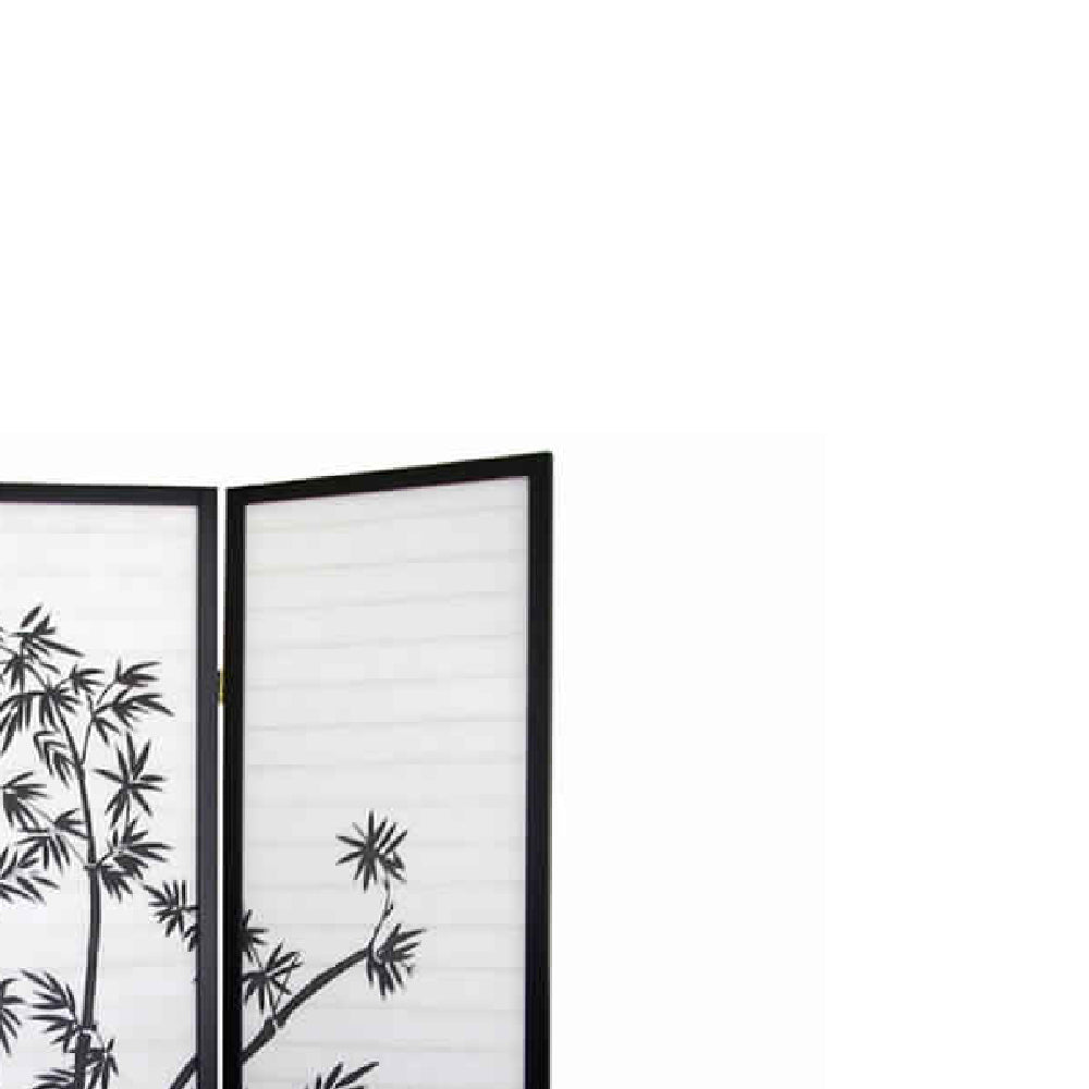 Wood and Paper 3 Panel Room Divider with Bamboo Print, White and Black