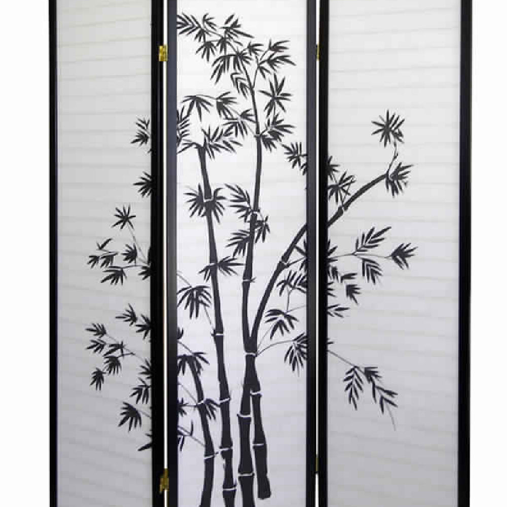 Wood and Paper 3 Panel Room Divider with Bamboo Print, White and Black
