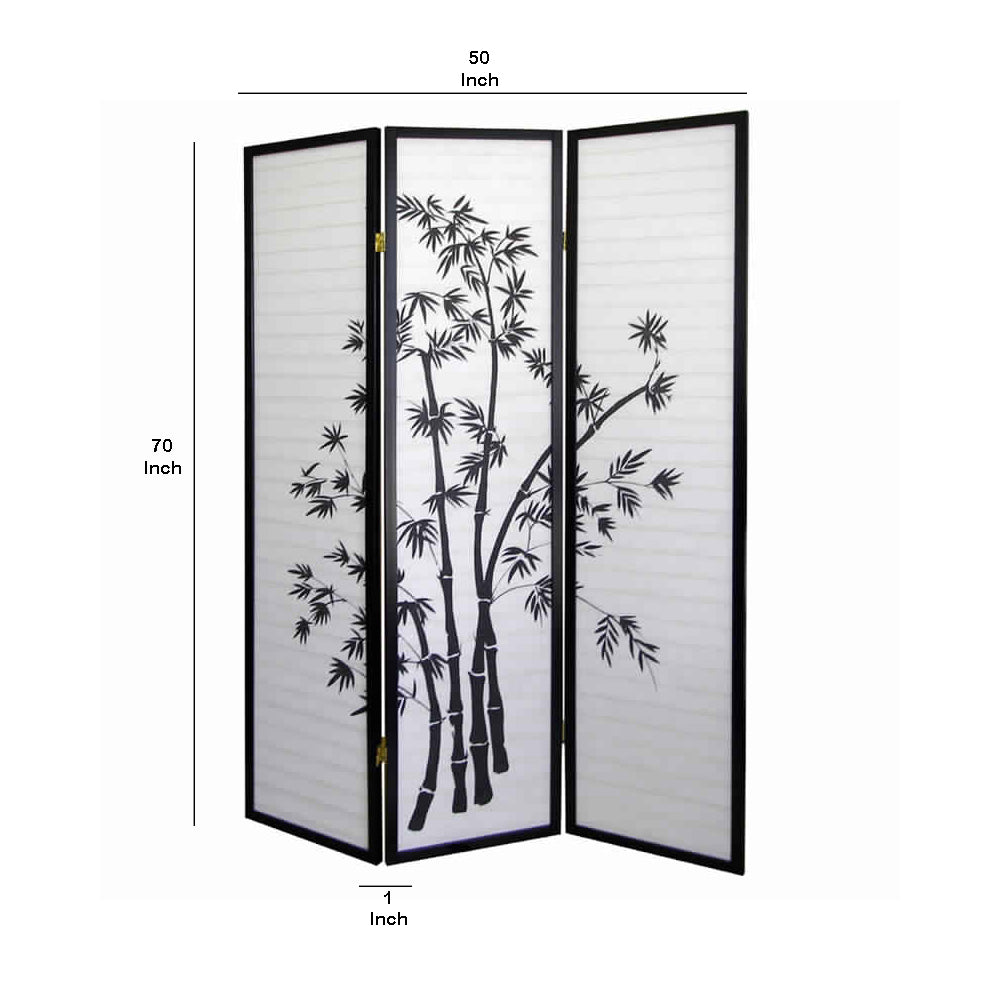 Wood and Paper 3 Panel Room Divider with Bamboo Print, White and Black