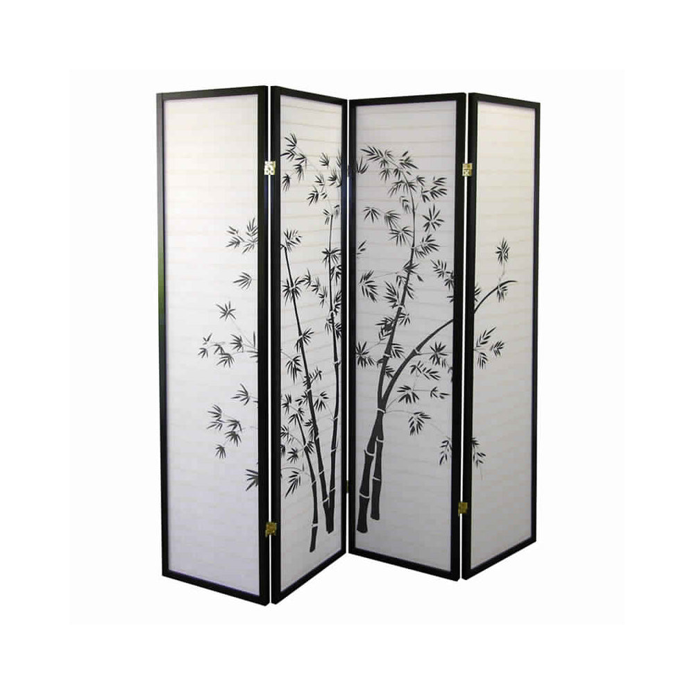 Wood and Paper 4 Panel Room Divider with Bamboo Print, White and Black