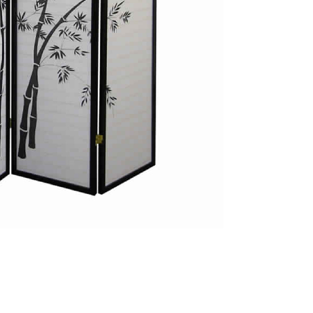 Wood and Paper 4 Panel Room Divider with Bamboo Print, White and Black