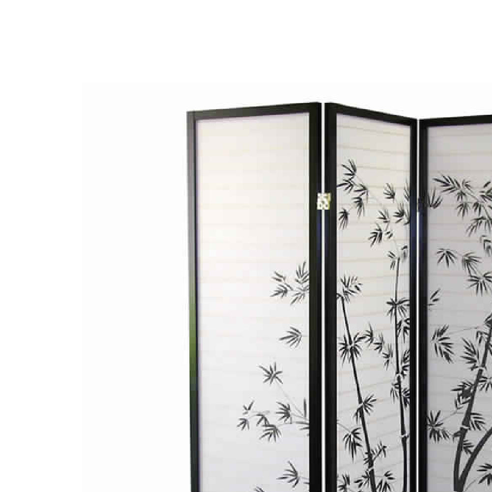 Wood and Paper 4 Panel Room Divider with Bamboo Print, White and Black