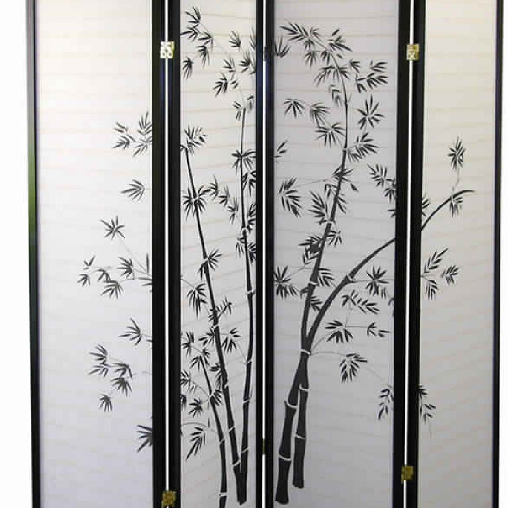 Wood and Paper 4 Panel Room Divider with Bamboo Print, White and Black