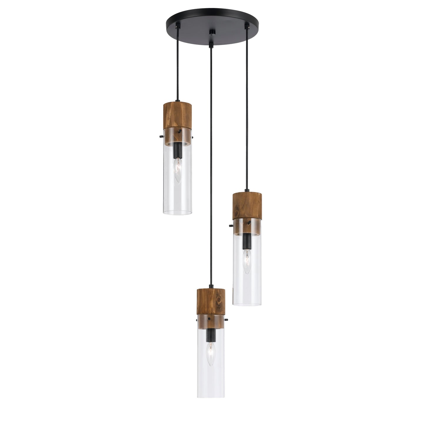 Black 3-bulb wind-chime pendant with cylindrical glass shades and wooden accents