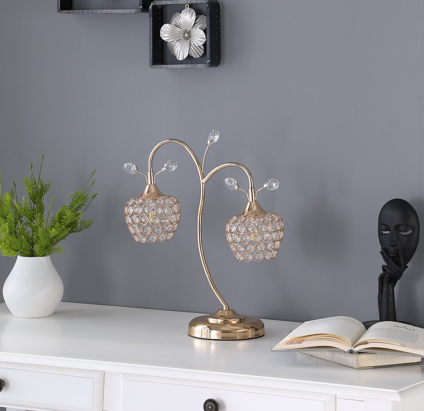 17.25" In Rose Gold 2-floral Bell Glam Metal Table Lamp