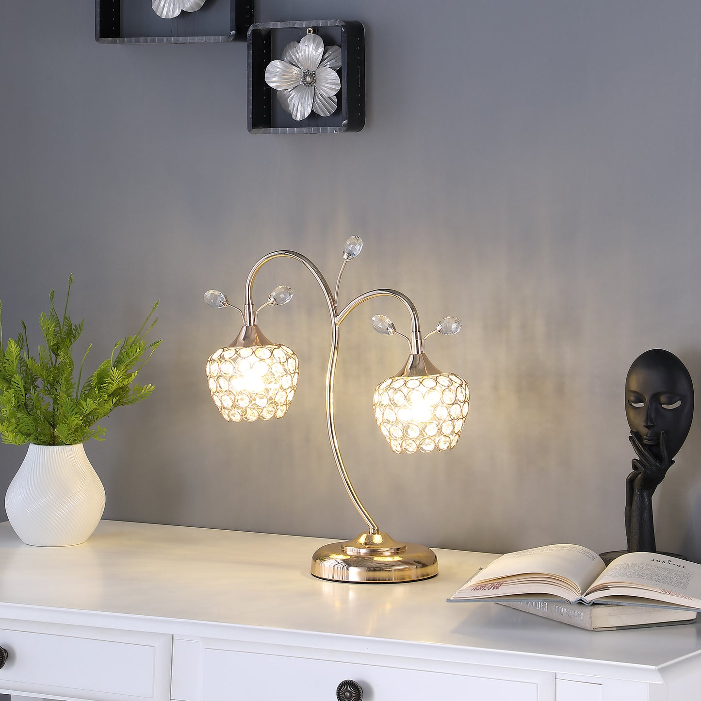 17.25" In Rose Gold 2-floral Bell Glam Metal Table Lamp