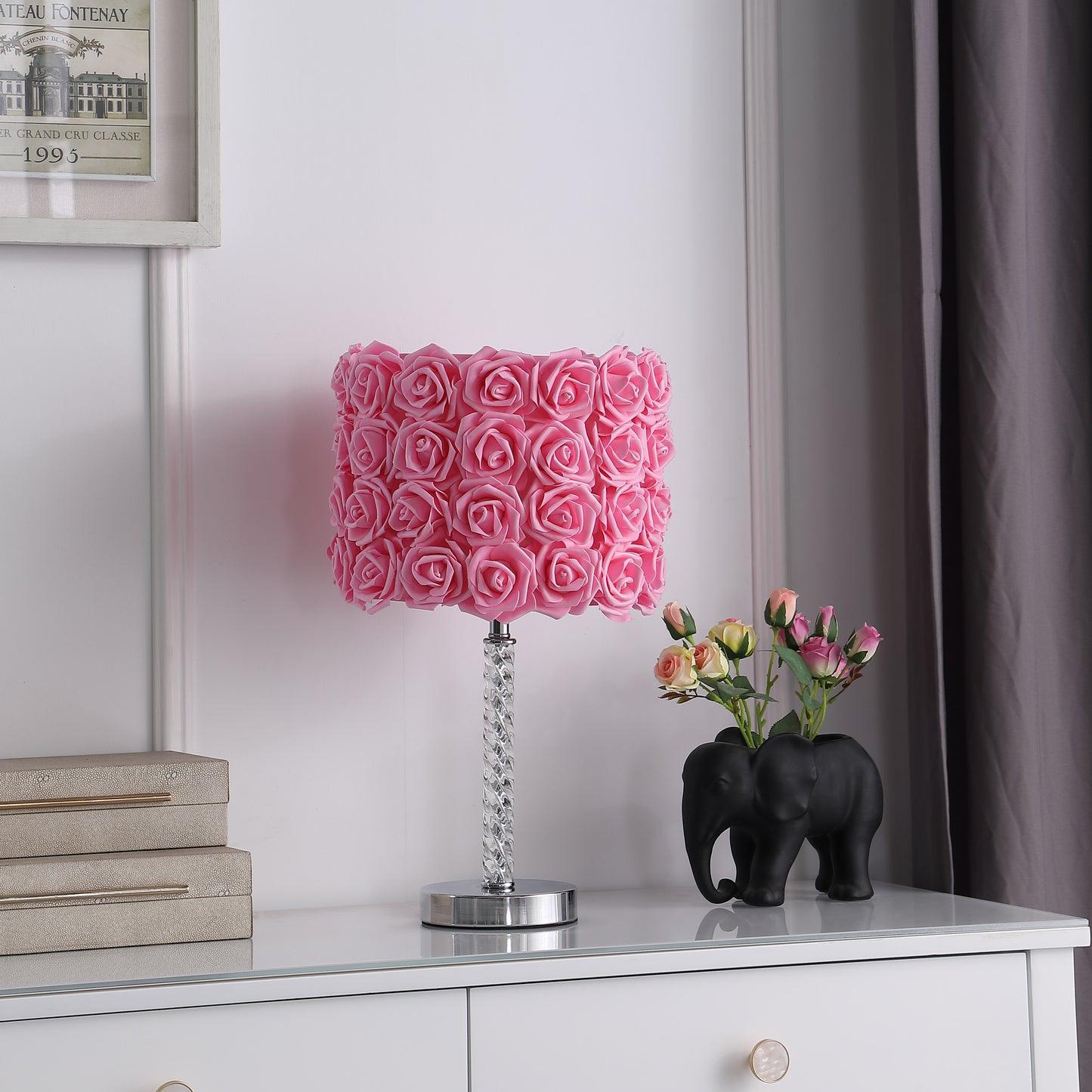 18.25" In Pink Roses In Bloom Acrylic/metal Table Lamp
