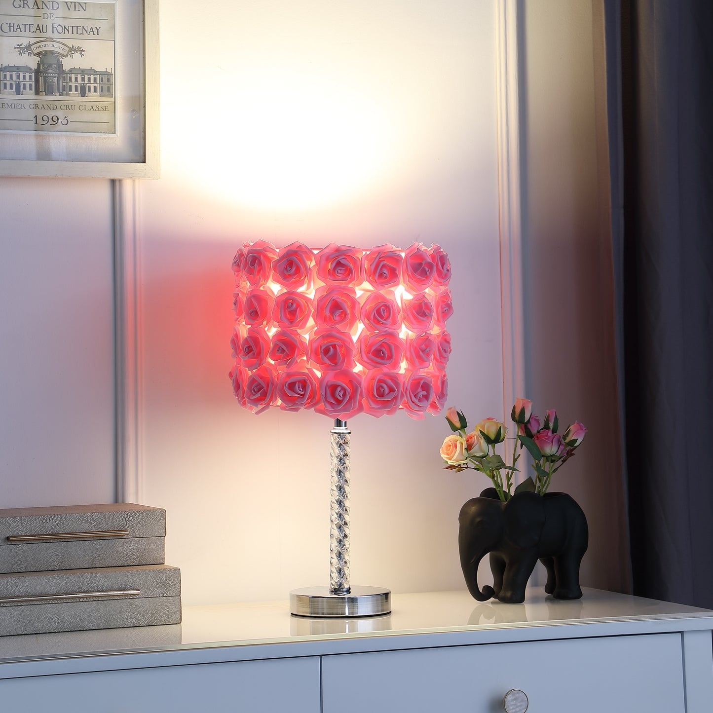18.25" In Pink Roses In Bloom Acrylic/metal Table Lamp