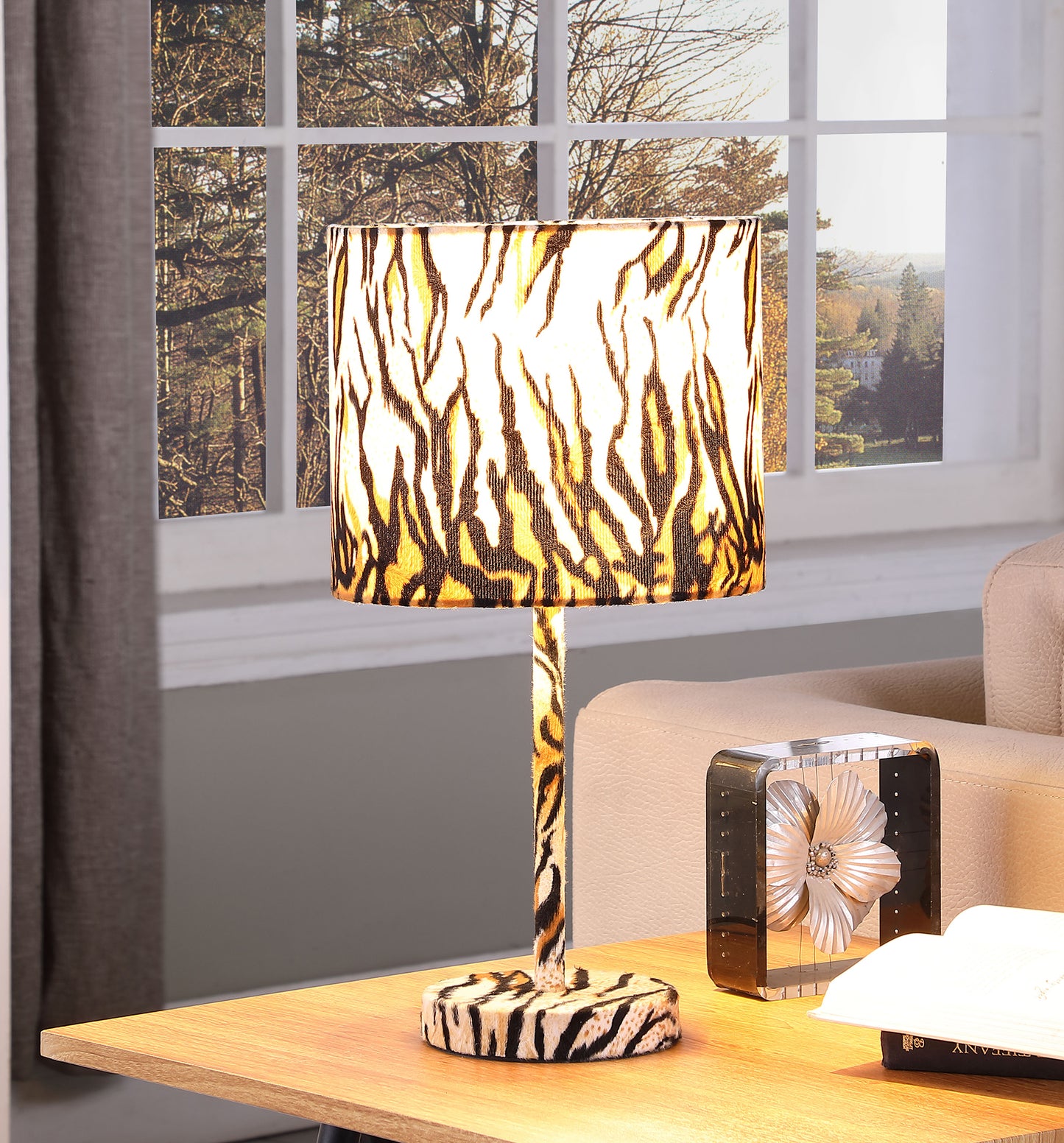 19.25" In Faux Suede Tiger Print Metal Table Lamp