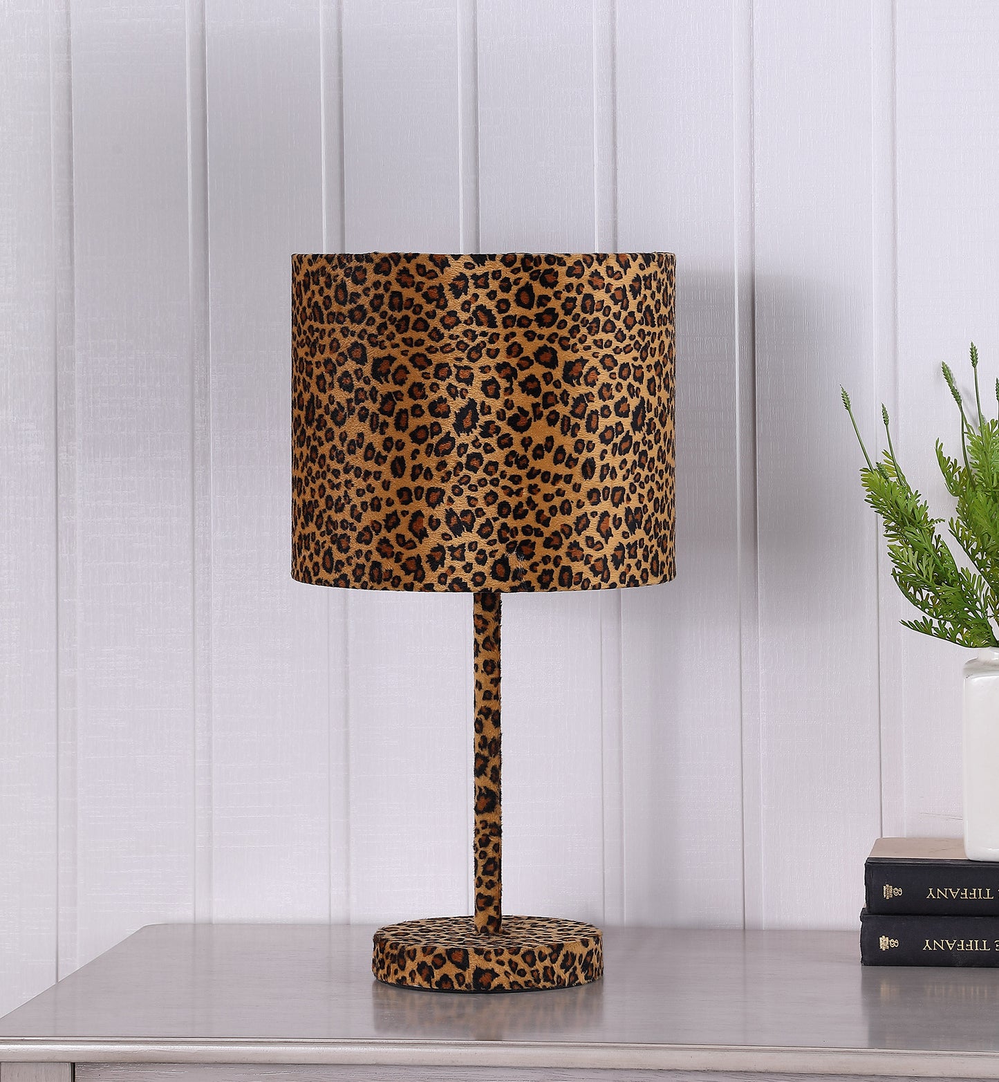 19.25" In Faux Suede Leopard Print Metal Table Lamp