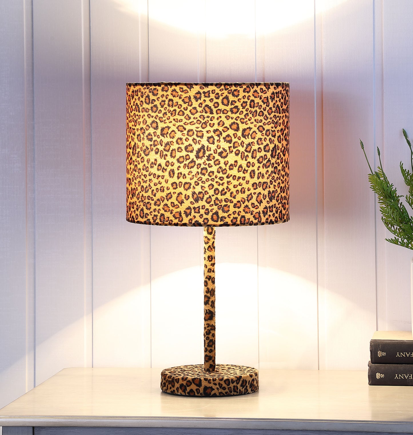 19.25" In Faux Suede Leopard Print Metal Table Lamp
