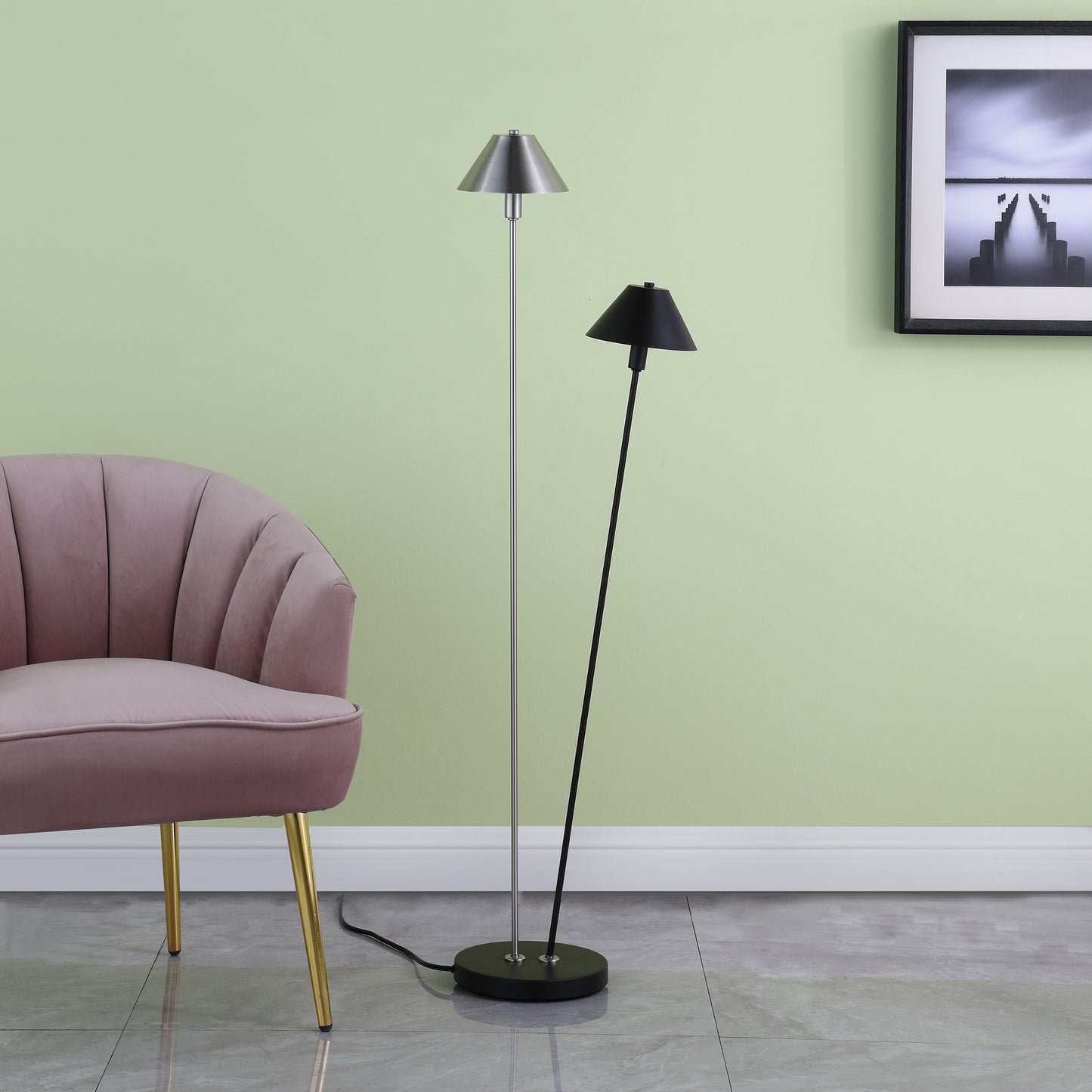 47.5" In Led Double G-9 Matte Powder Black/silver Redman Brushed Nickel Floor Lamp