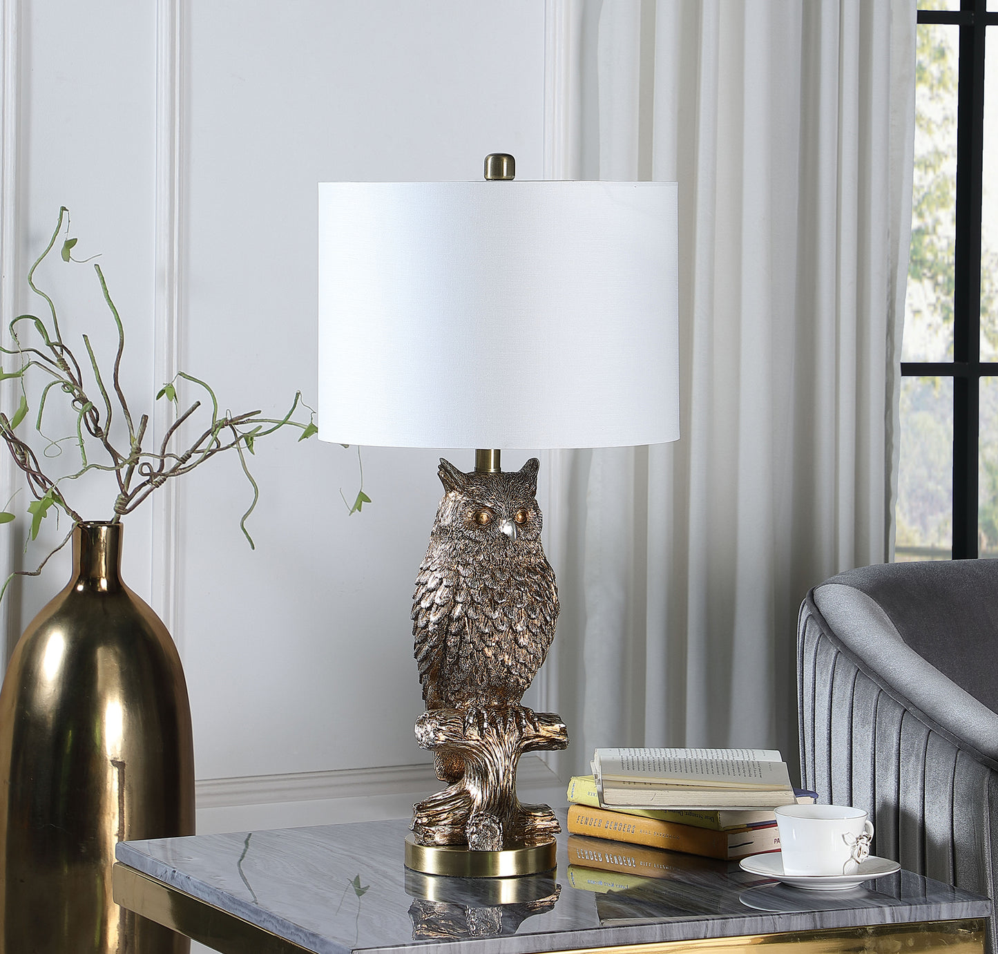 27.5" In Silver Owl On A Branch Resin Table Lamp