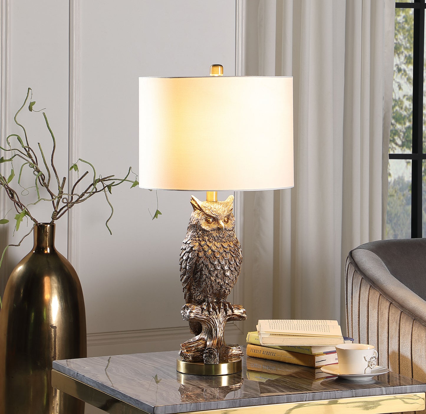 27.5" In Silver Owl On A Branch Resin Table Lamp