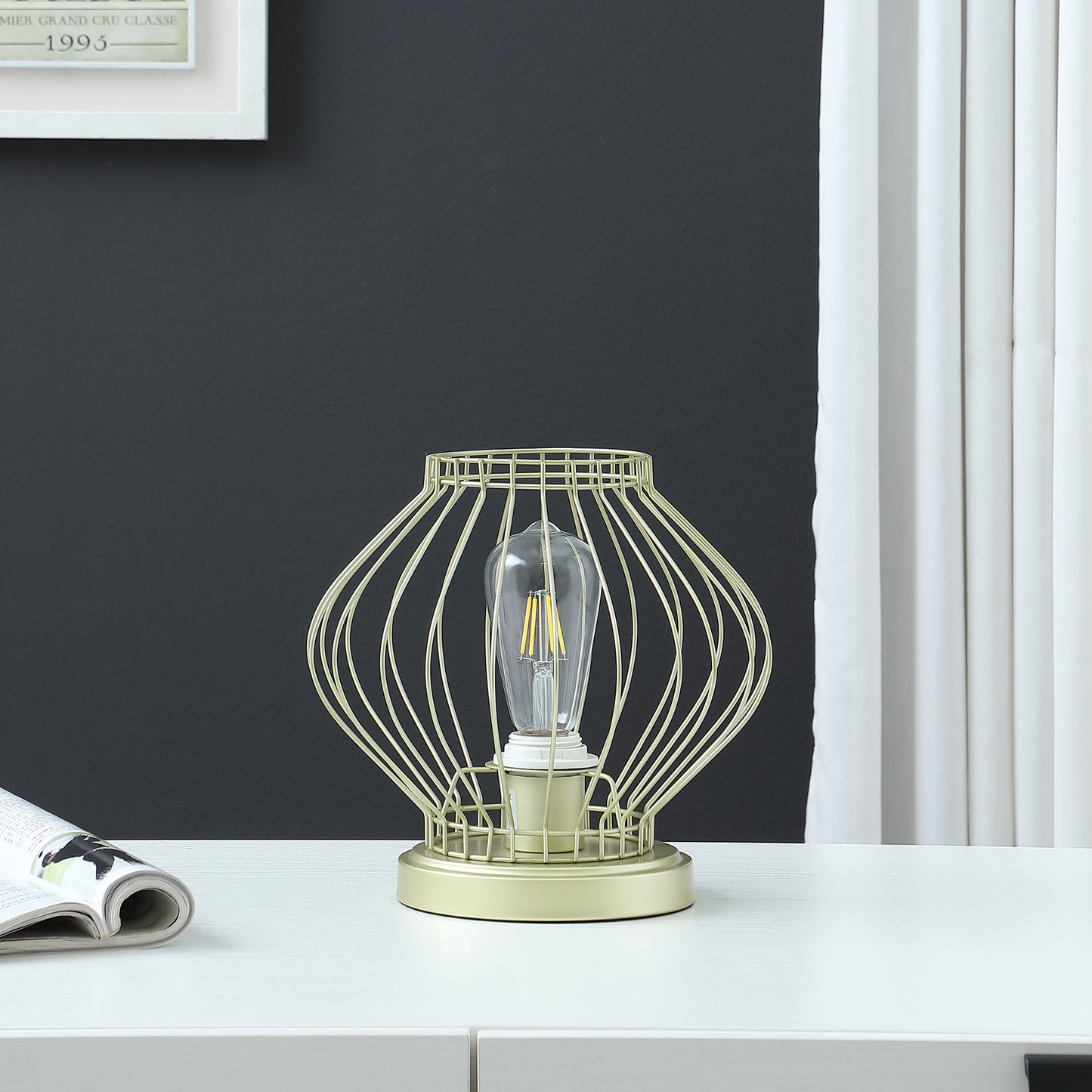 9.5" In Industrial Farm Cage Satin Matte Gold Uplight Metal Table Lamp