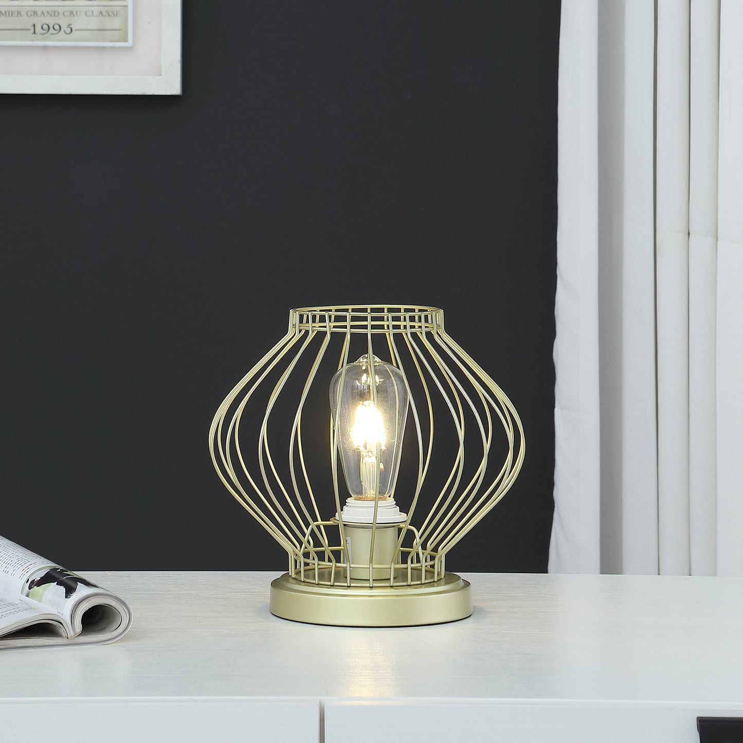 9.5" In Industrial Farm Cage Satin Matte Gold Uplight Metal Table Lamp
