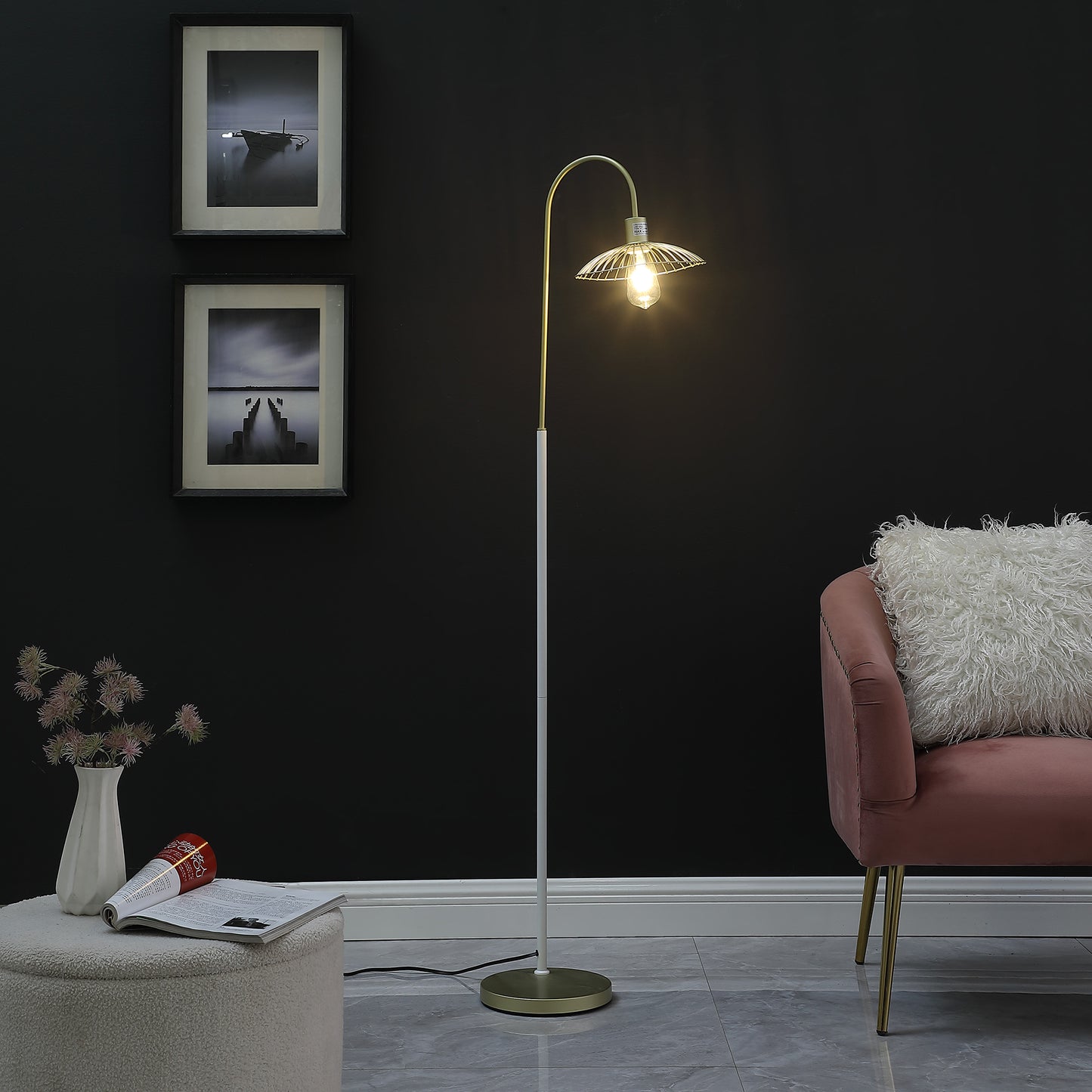 64.25" In Industrial Farm Pendant Cage Satin Matte Gold/white Metal Floor Lamp