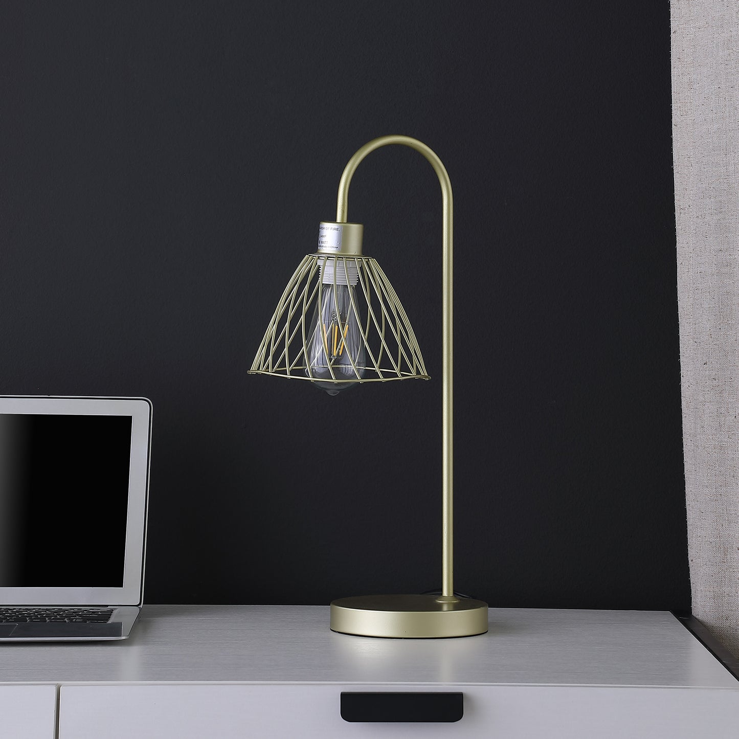 20.5" In Industrial Farm Pendant Cage Satin Matte Gold Metal Table Lamp