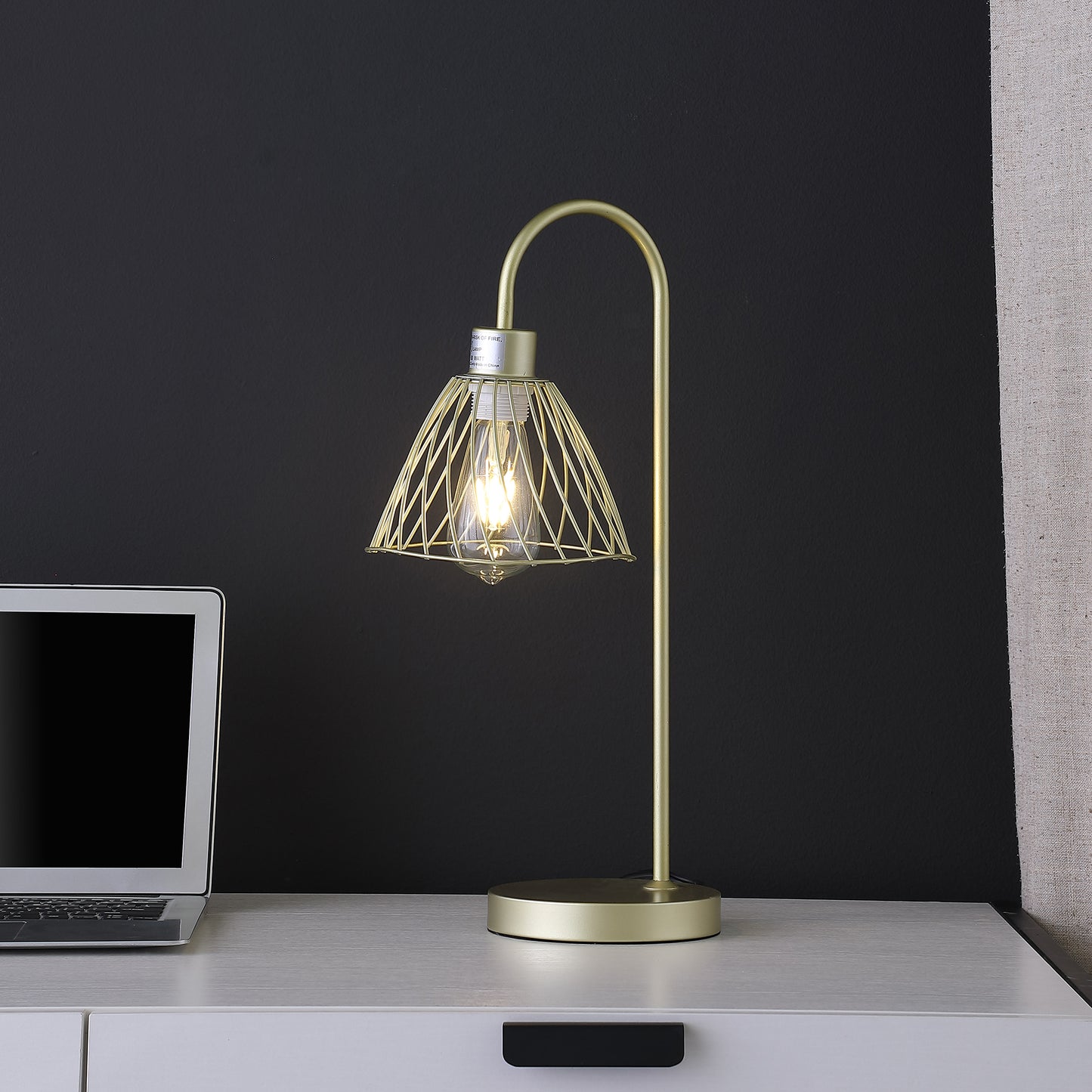 20.5" In Industrial Farm Pendant Cage Satin Matte Gold Metal Table Lamp