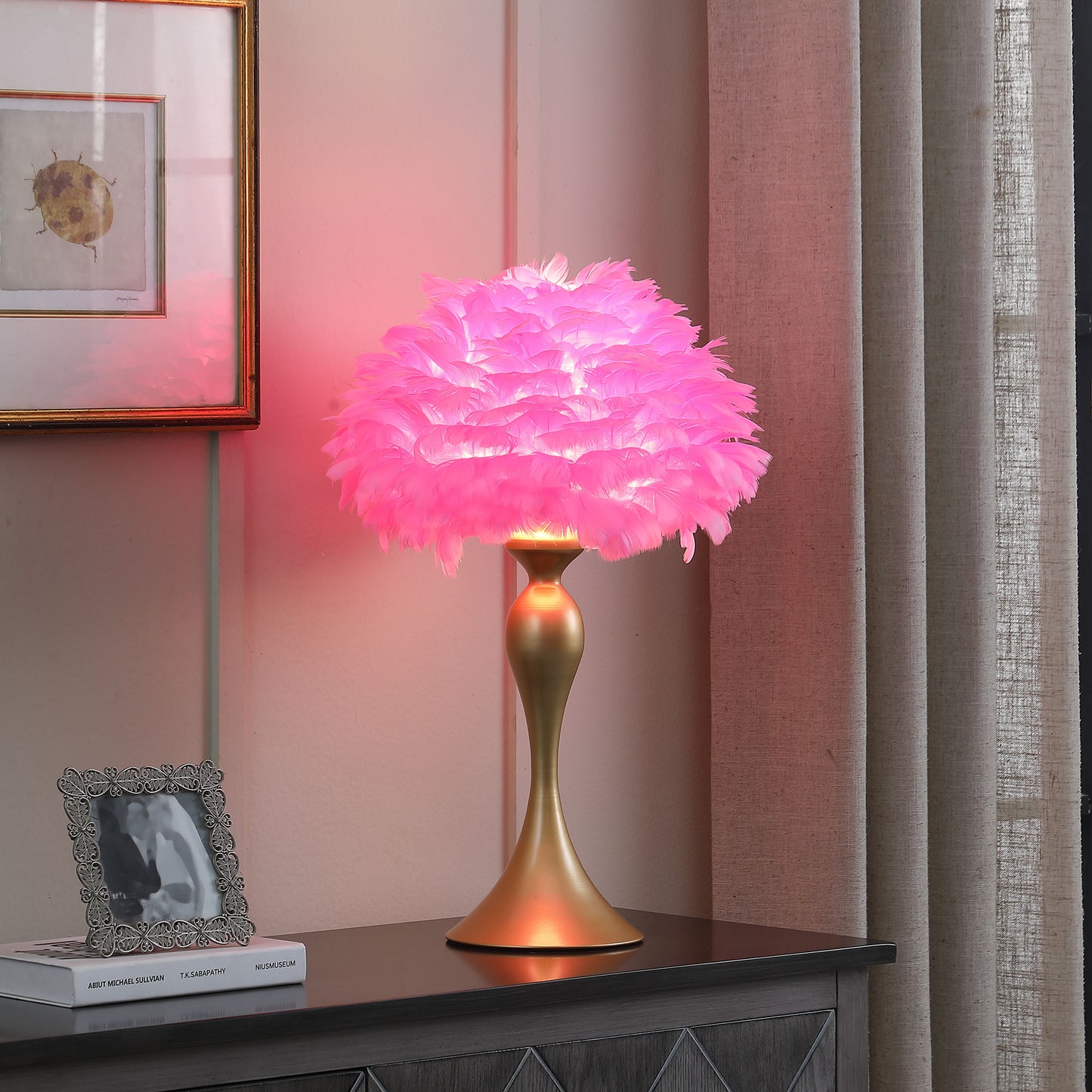 18.25"In Hot Pink Feather Aquina Satin Gold Metal Contour Glam Table Lamp