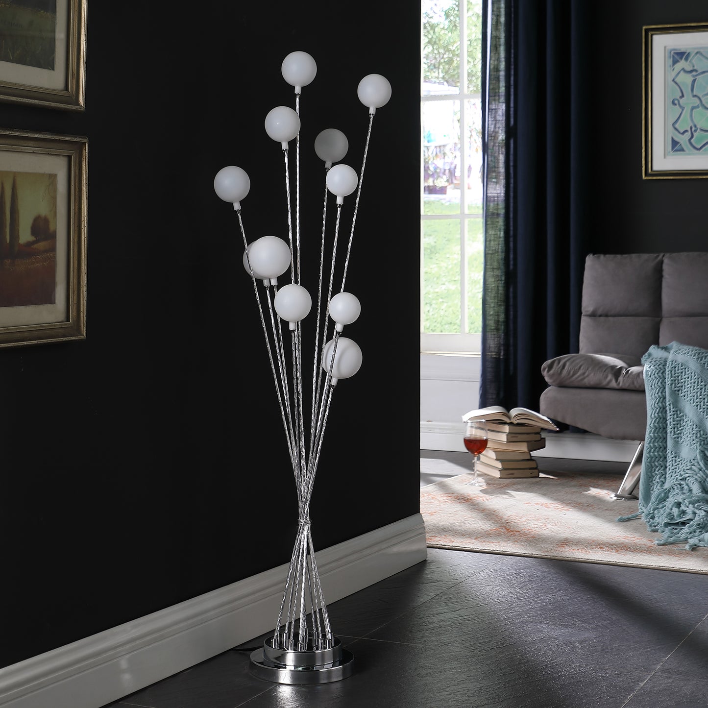 46" In 11-light Acrylic Globe Aluminun Led Chrysanthe Silver Chrome Metal Floor Lamp