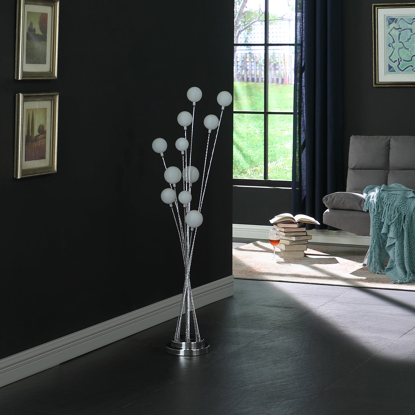 46" In 11-light Acrylic Globe Aluminun Led Chrysanthe Silver Chrome Metal Floor Lamp