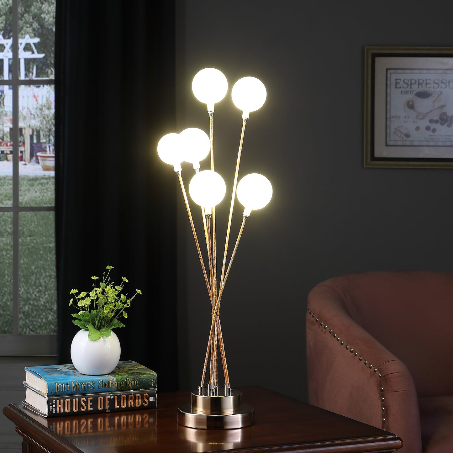 27.5" In 6-light Acrylic Globe Aluminun Led Chrysanthe Yellow Gold Metal Table Lamp