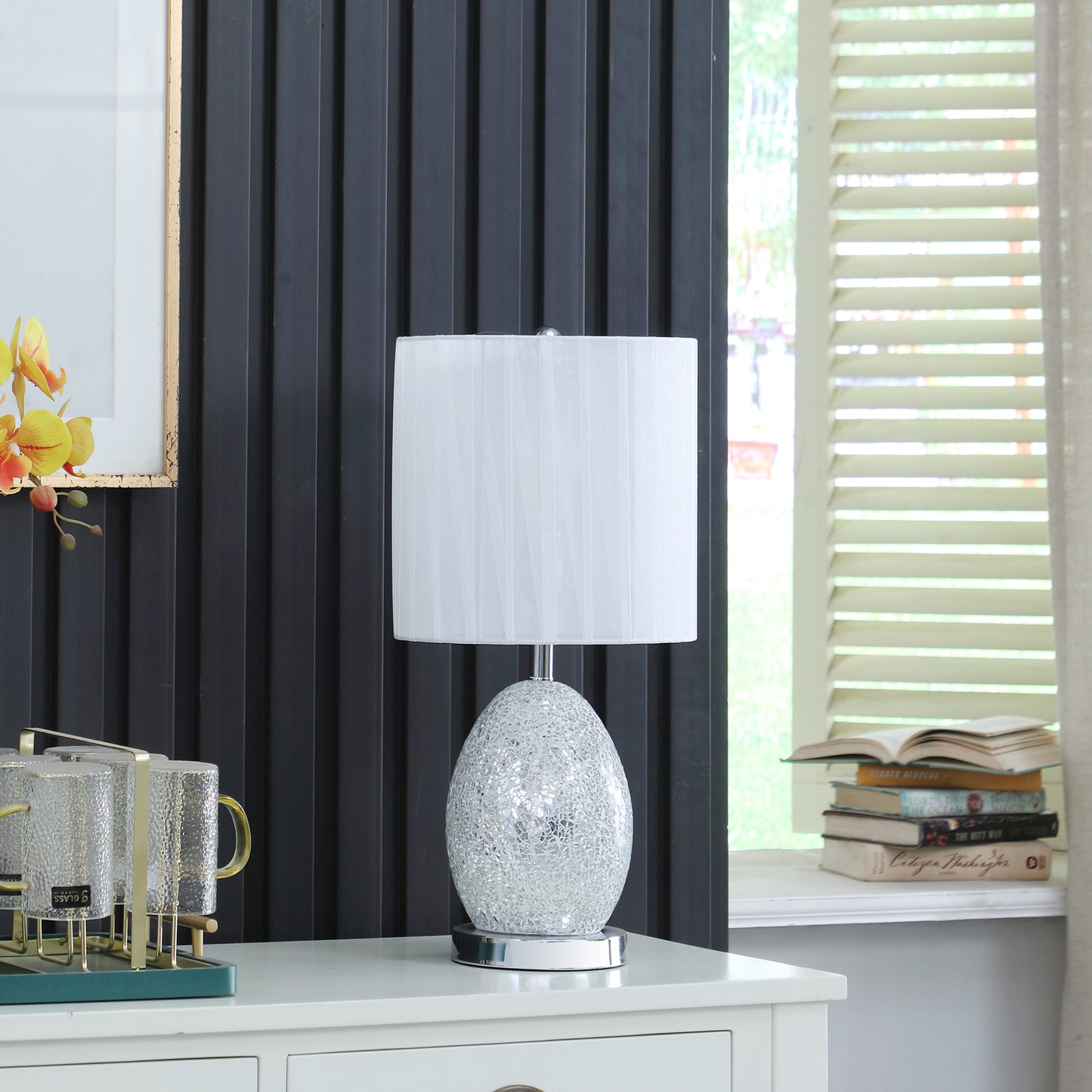 20"In Niels Silver Mirror Glass/metal Table Lamp W/ Nightlight