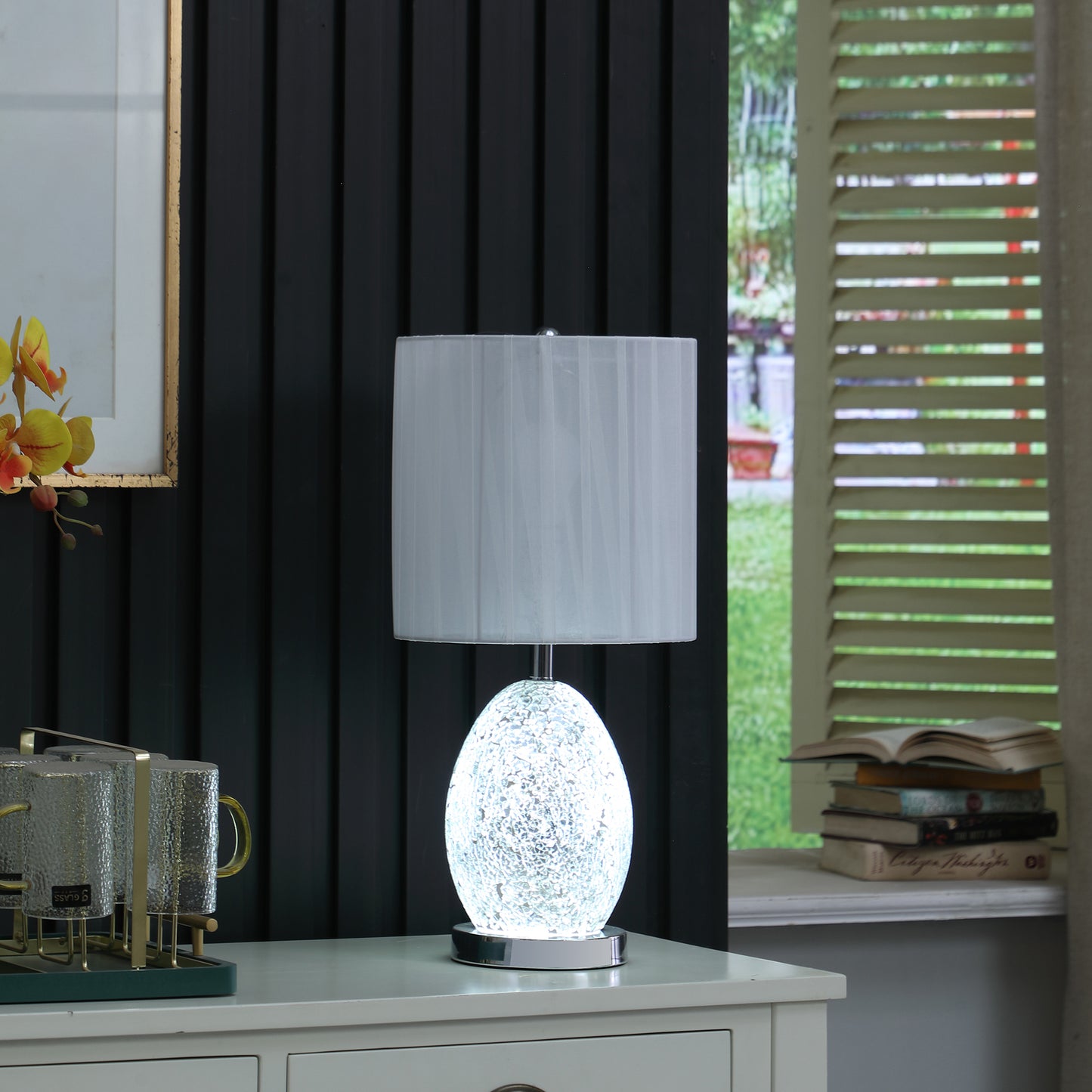 20"In Niels Silver Mirror Glass/metal Table Lamp W/ Nightlight