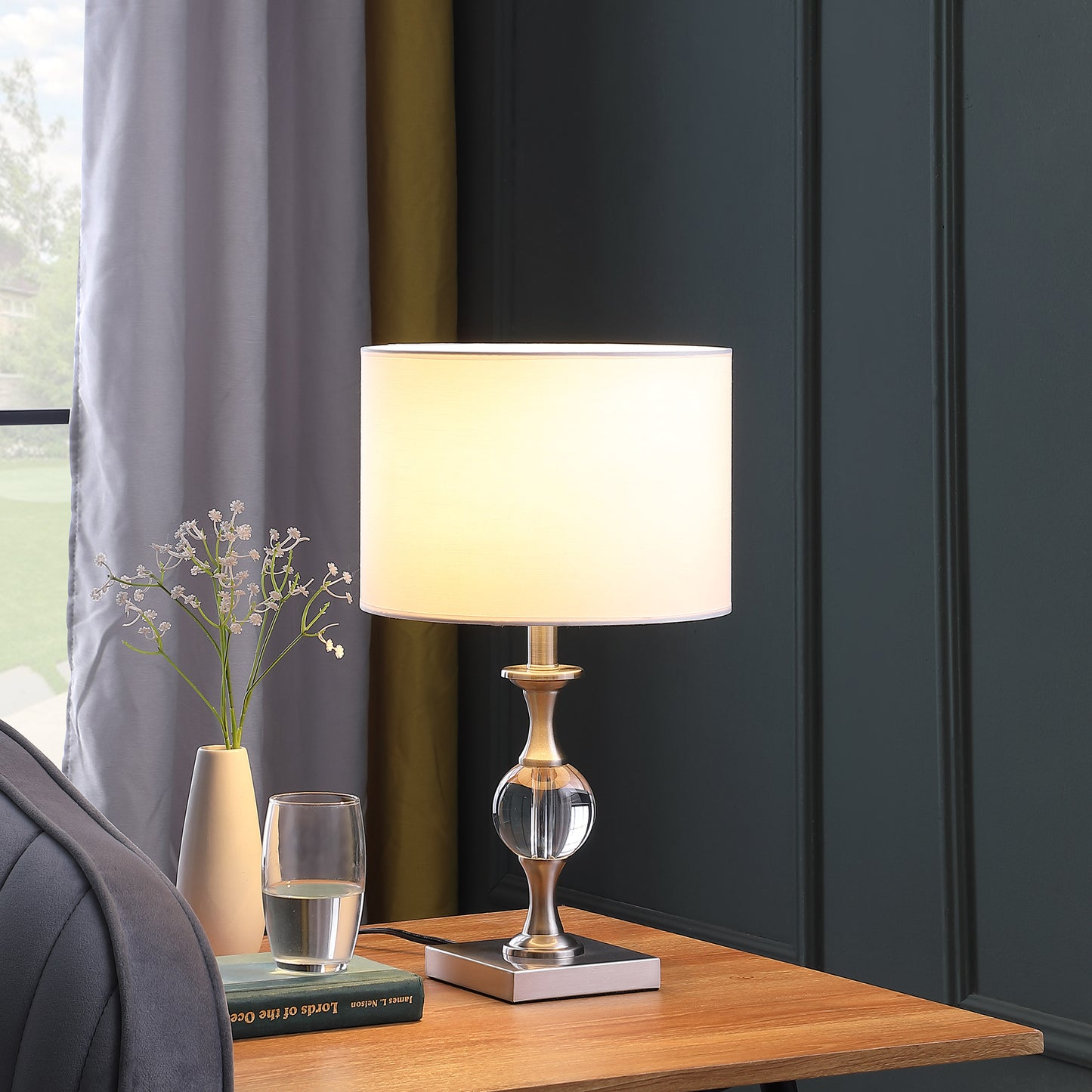 19.75" In Satin Nickel Solid Crystal Orb Metal Table Lamp