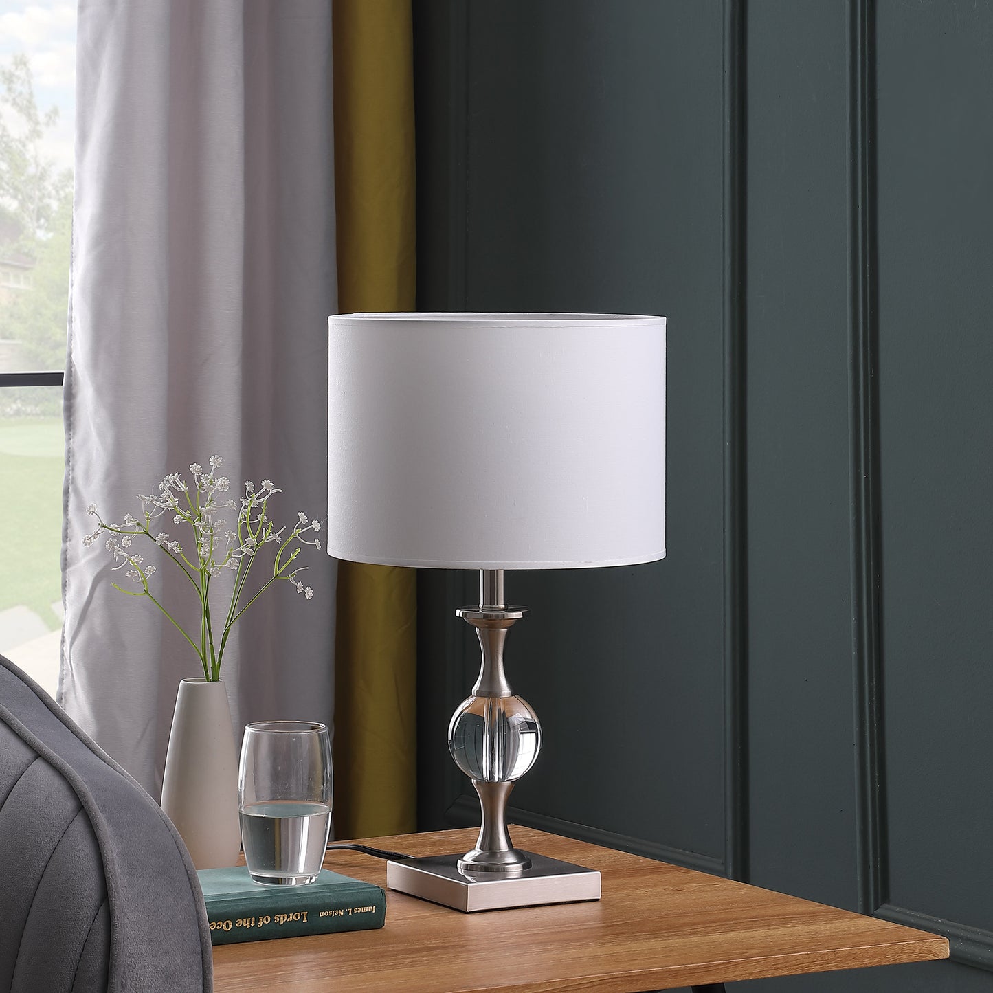 19.75" In Satin Nickel Solid Crystal Orb Metal Table Lamp