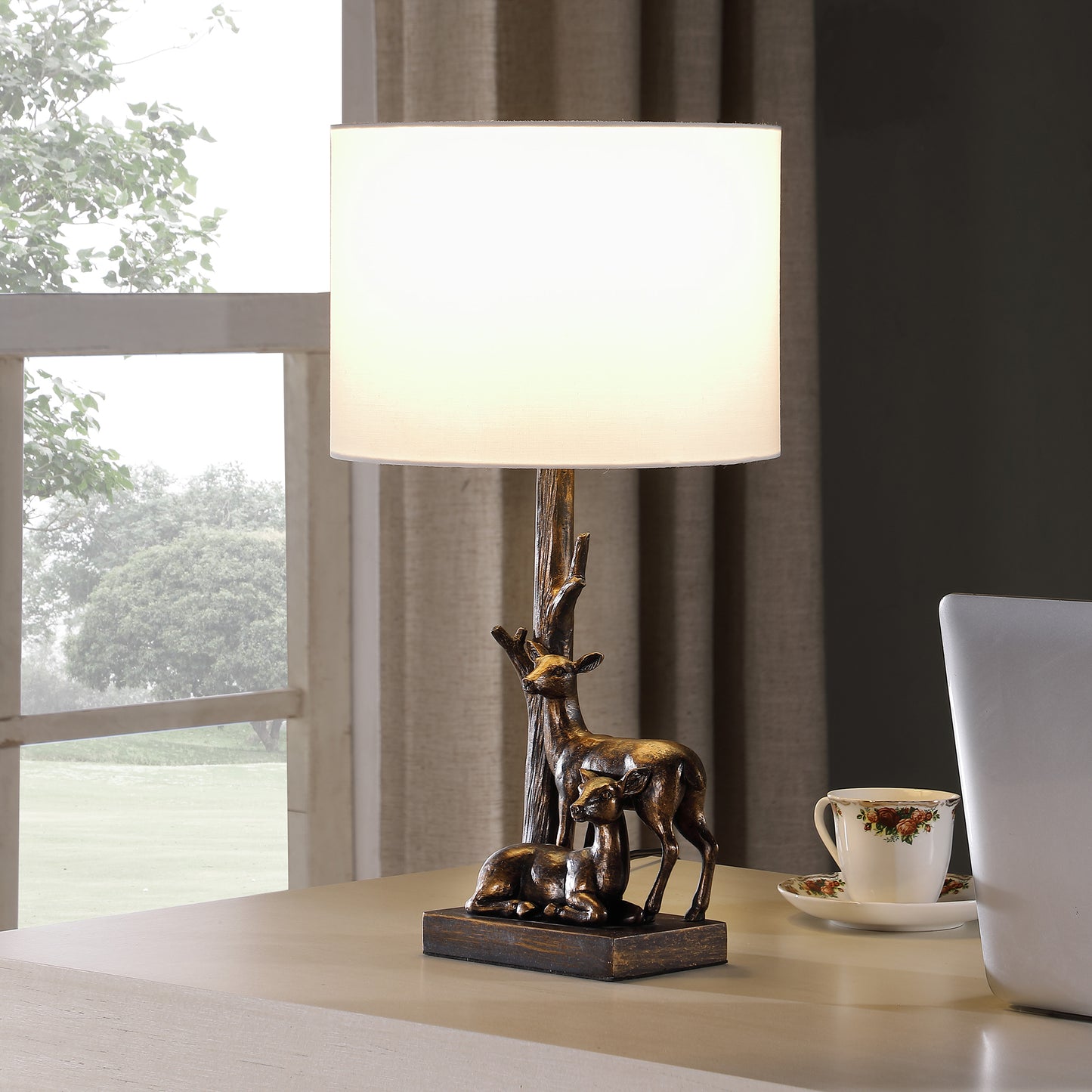 19.75" In Capreolus Bronze Western Roe Deers Polyresin Table Lamp